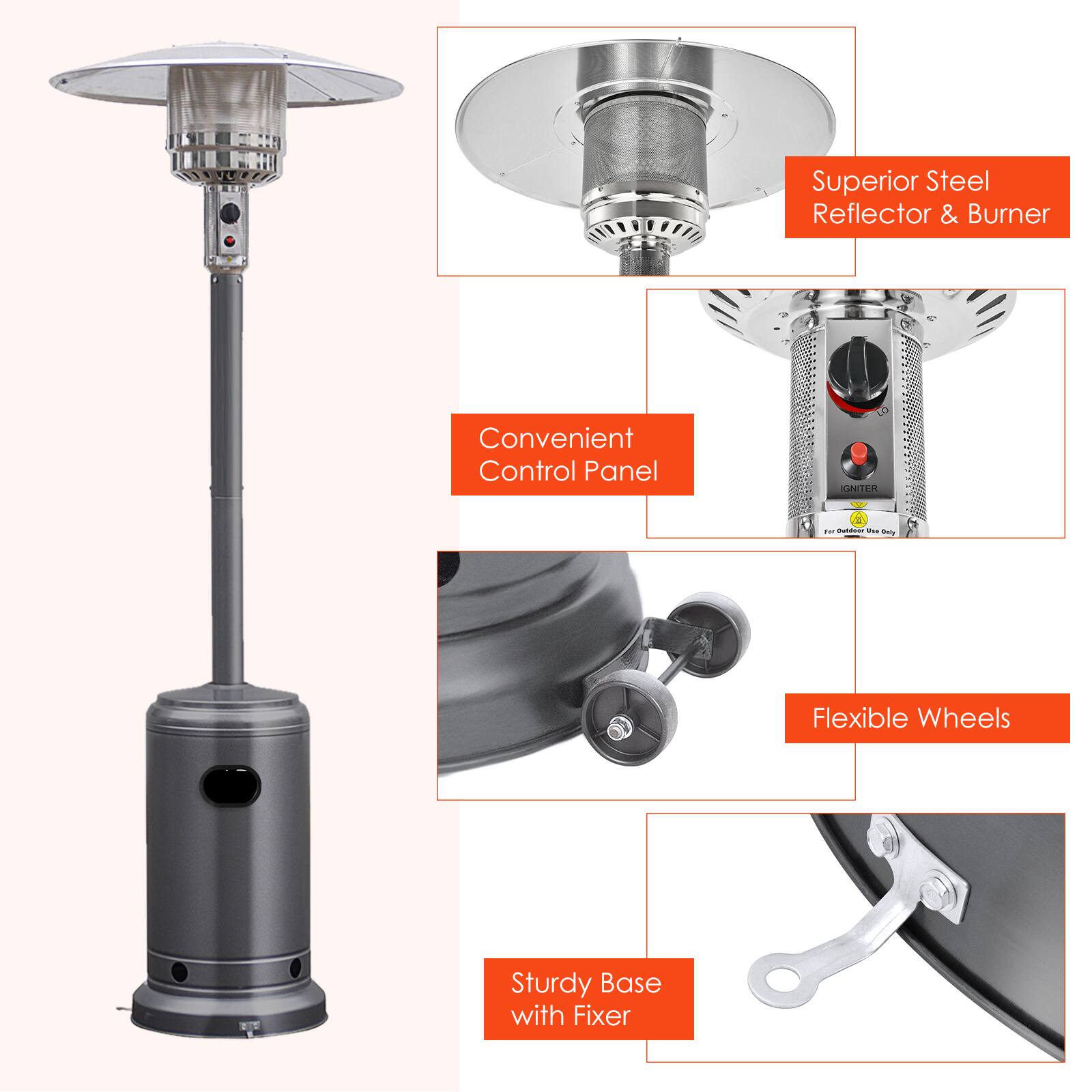 Superior Steel Reflector & Burner  
Convenient Control Panel  
IGNITER  
Flexible Wheels  
Sturdy Base with Fixer
