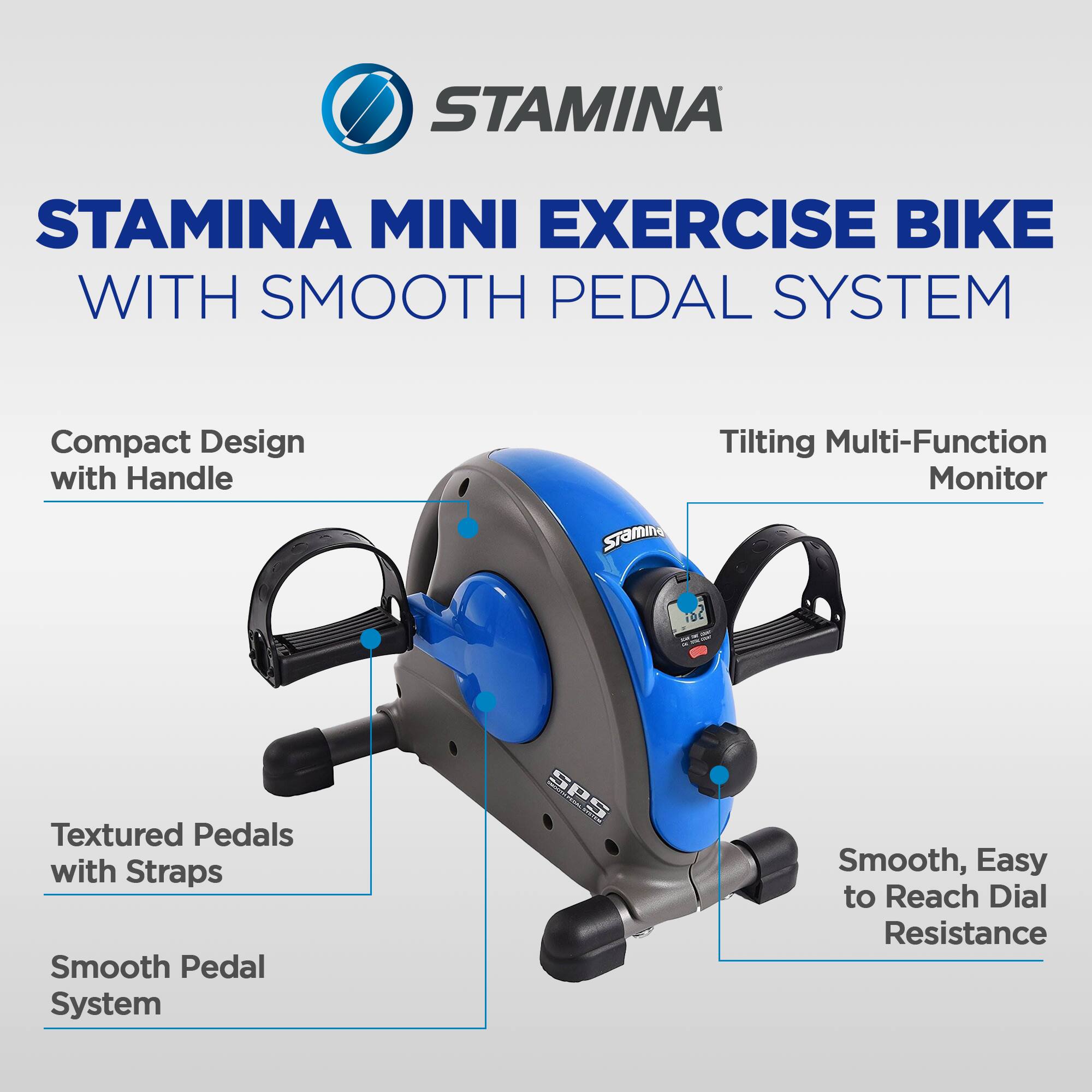 STAMINA MINI EXERCISE BIKE WITH SMOOTH PEDAL SYSTEM

- Compact Design with Handle
- Tiltinq Multi-Function Monitor
- Textured Pedals with Straps
- Smooth Pedal System
- Smooth, Easy to Reach Dial Resistance