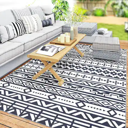 Front. Outsunny - Outdoor Rug for Patio, 6' x 9' Waterproof Large Mat, Reversible Plastic Straw Rug for Décor - Blue and White Geometric Wall.