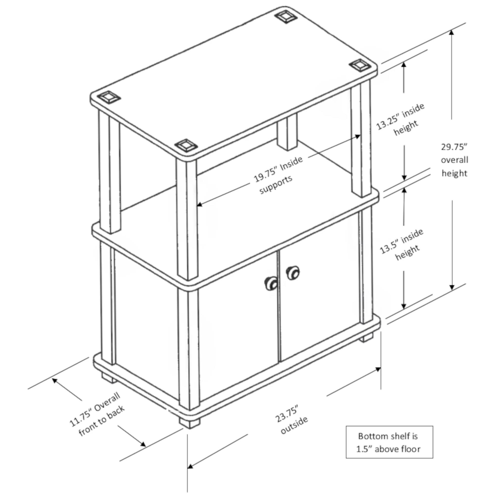 Inside 19.75" supports  
Inside 13.25" height  
Overall height 29.75"  
Inside 13.5" height  
Overall back 11.75" to front 23.75" outside  
Bottom shelf is 1.5" above floor