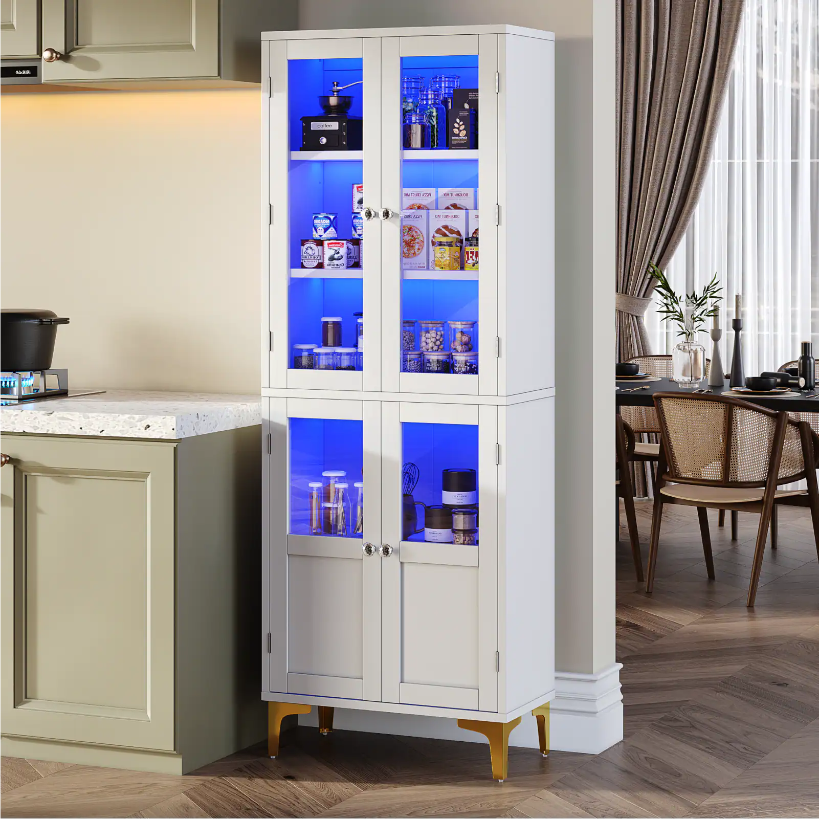 Left. Bestier - Bestier 65" LED Kitchen Pantry Cabinet with Adjustable Shelves Food Storage and Art Display with Acrylic Doors - White.