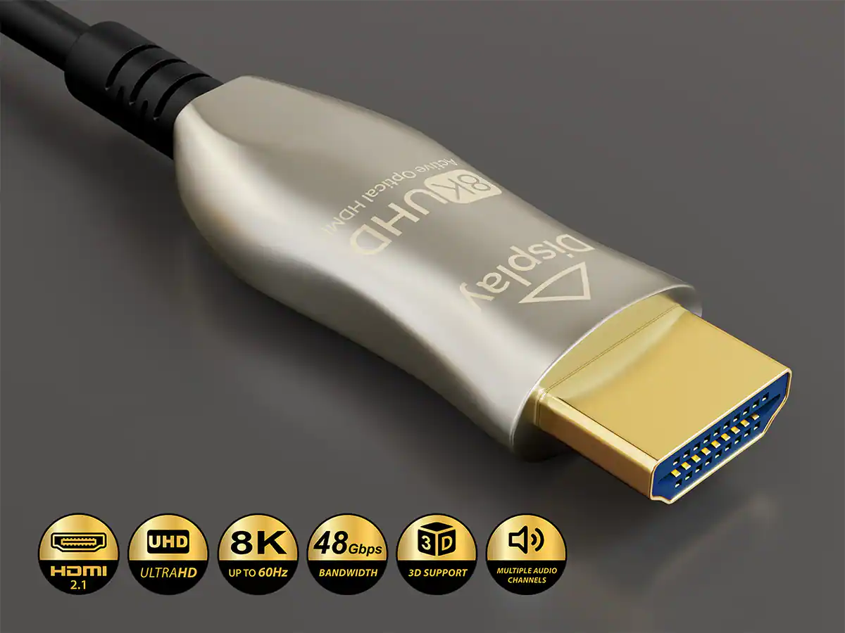 Active Optical HDMI SKUHD Display UHD 8K 48 Gbps HDMI ULTRAHD UP TO 60Hz BANDWIDTH 2.1 3D SUPPORT MULTIPLE AUDIO CHANNELS