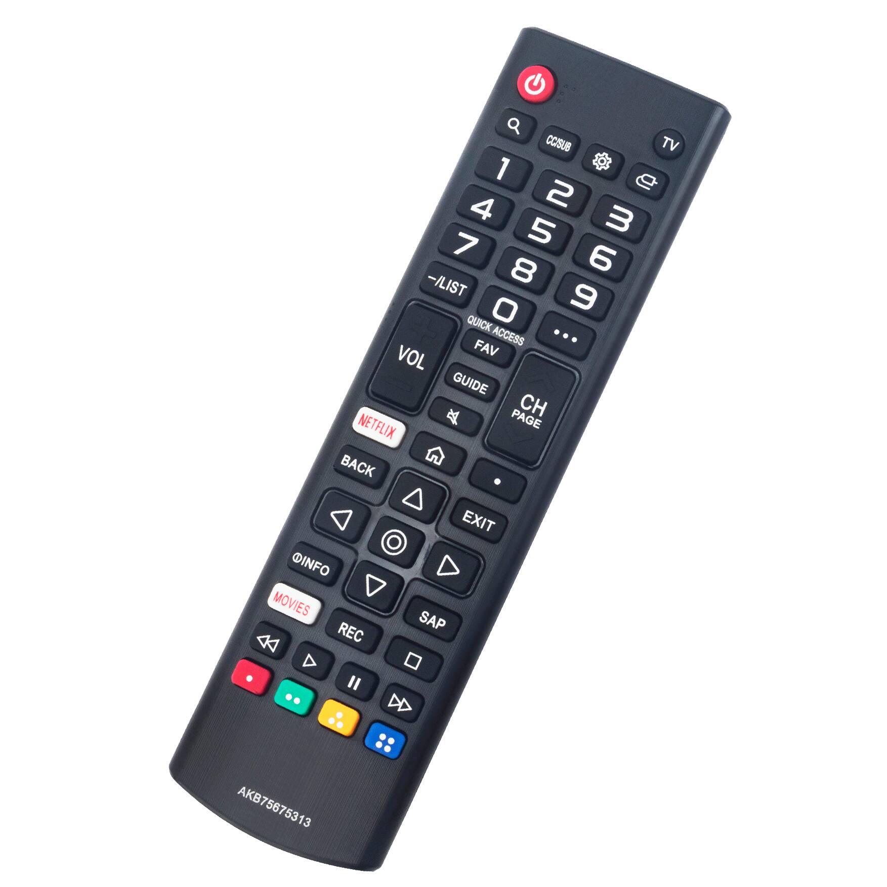 Q CC/SUB 1 2 3 4 5 6 7 8 9 0 LIST QUICK ACCESS ... VOL FAV GUIDE CH NETFLIX PAGE BACK TV INFO MOVIES REC D I EXIT SAP AKB75675313