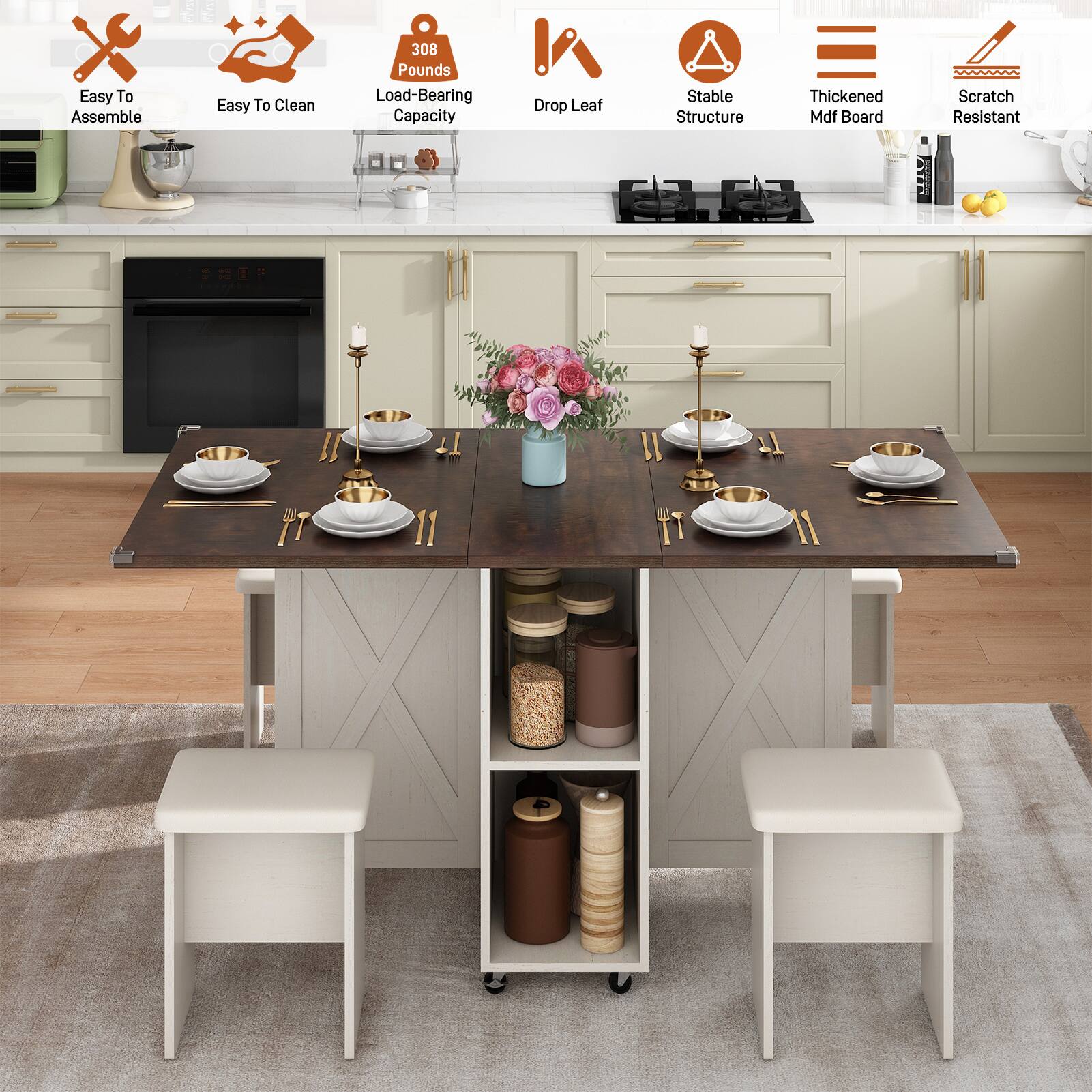 Easy To Assemble  
Easy To Clean  
308 Pounds Load-Bearing Capacity  
Drop Leaf  
Stable Structure  
Thickened Mdf Board  
Scratch Resistant