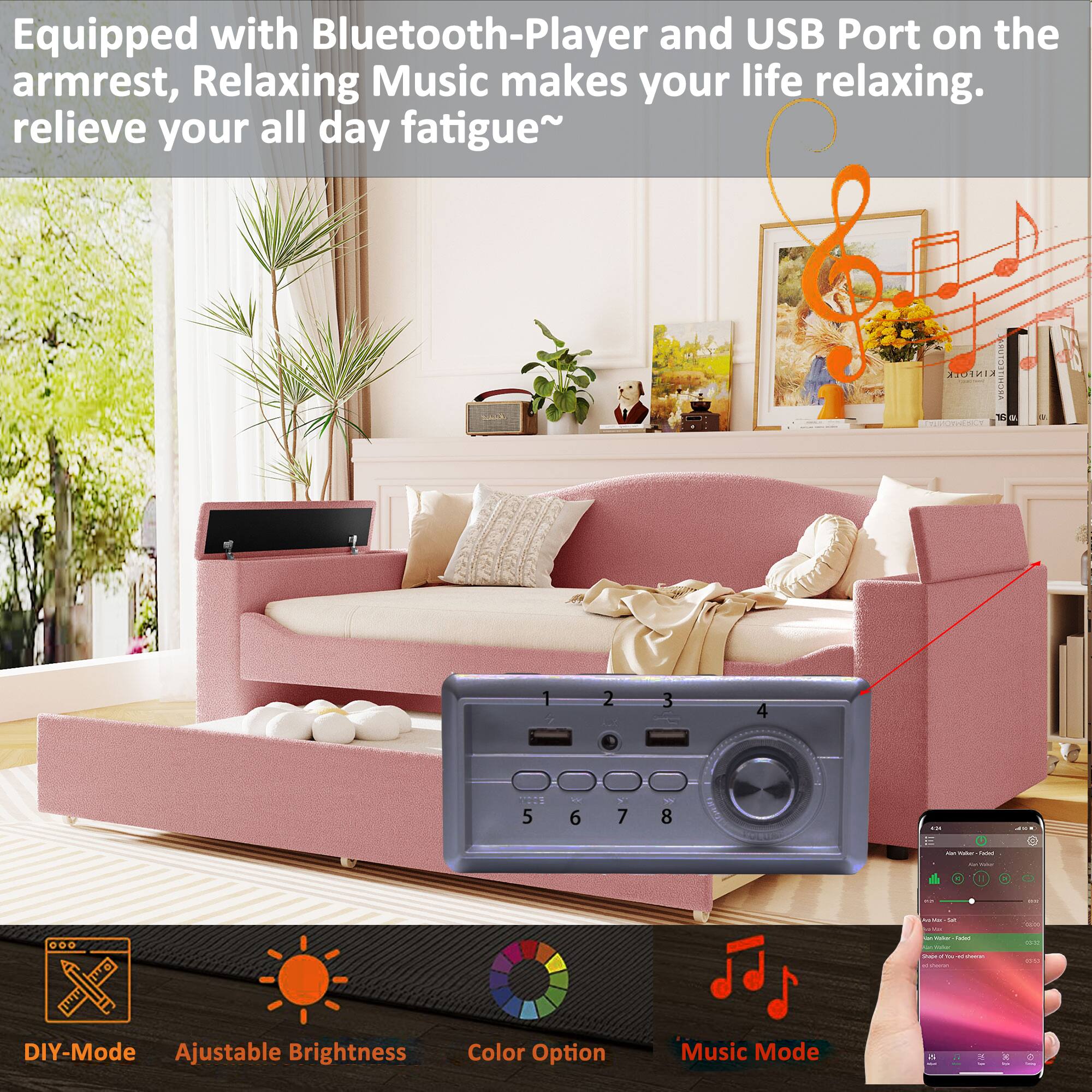 Equipped with Bluetooth-Player and USB Port on the armrest, Relaxing Music makes your life relaxing. relieve your all day fatigue~  

DIY-Mode  
Adjustable Brightness  
Color Option  
Music Mode