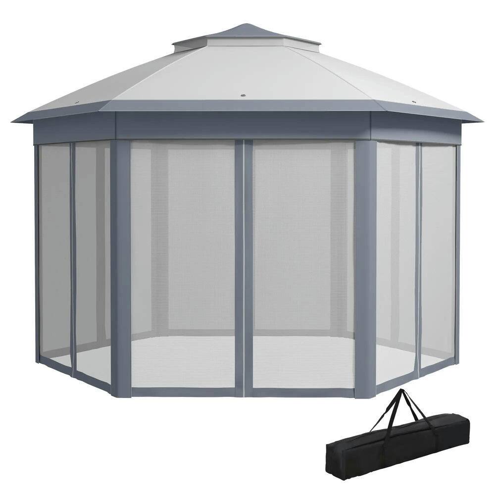 Alt View 7. Spaco - Spaco 13'x13' Pop Up Gazebo Hexagonal Canopy Shelter,6 Zippered Mesh Netting - Grey.