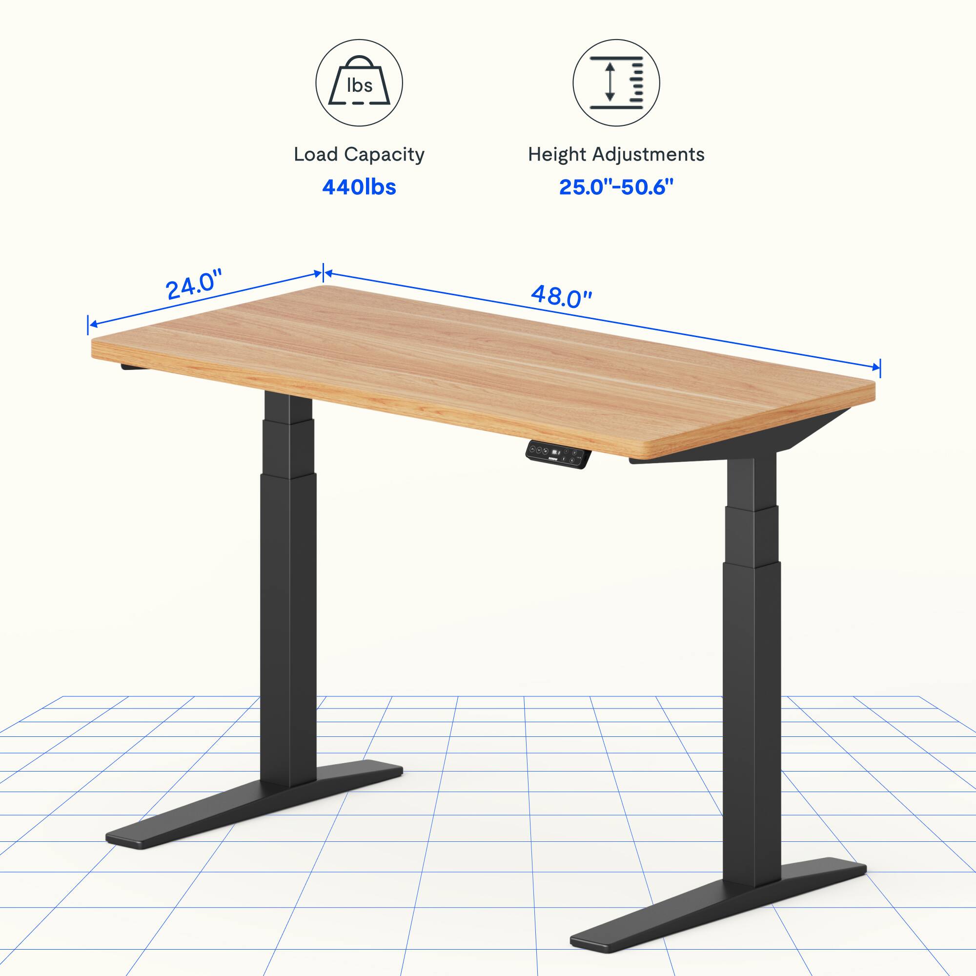Load Capacity: 440lbs  
Height Adjustments: 25.0"-50.6"  
Table Dimensions: 24.0" x 48.0"