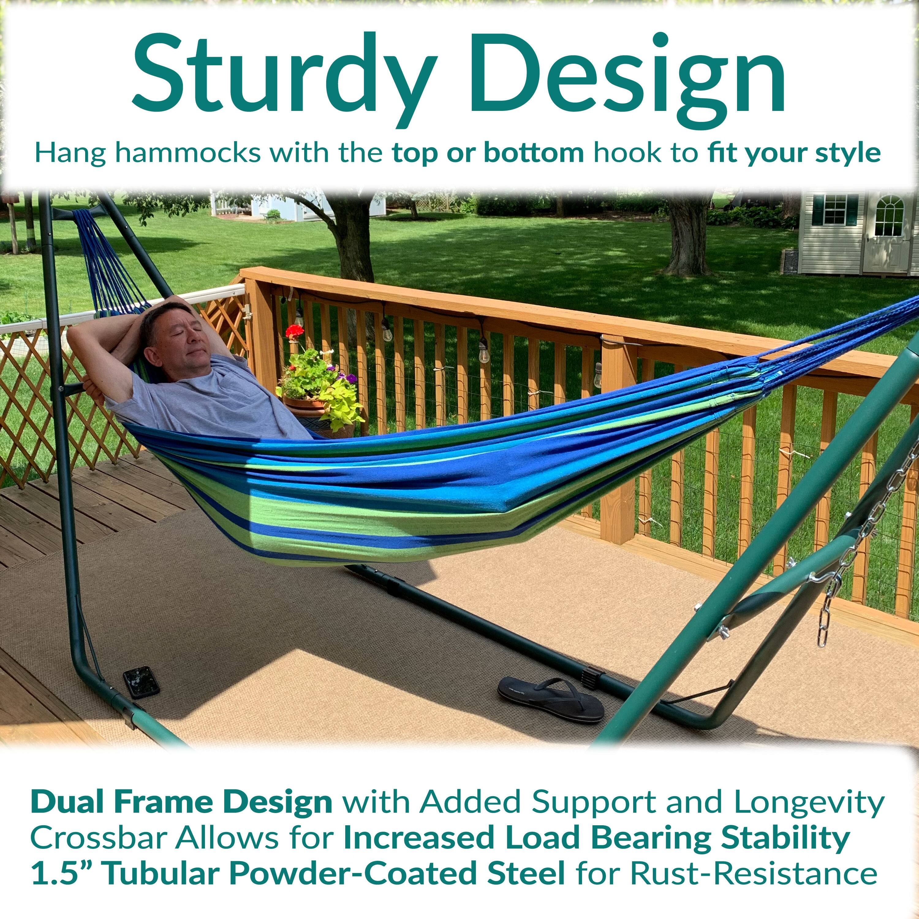 Sturdy Design  
Hang hammocks with the top or bottom hook to fit your style  

Dual Frame Design with Added Support and Longevity  
Crossbar Allows for Increased Load Bearing Stability  
1.5" Tubular Powder-Coated Steel for Rust-Resistance