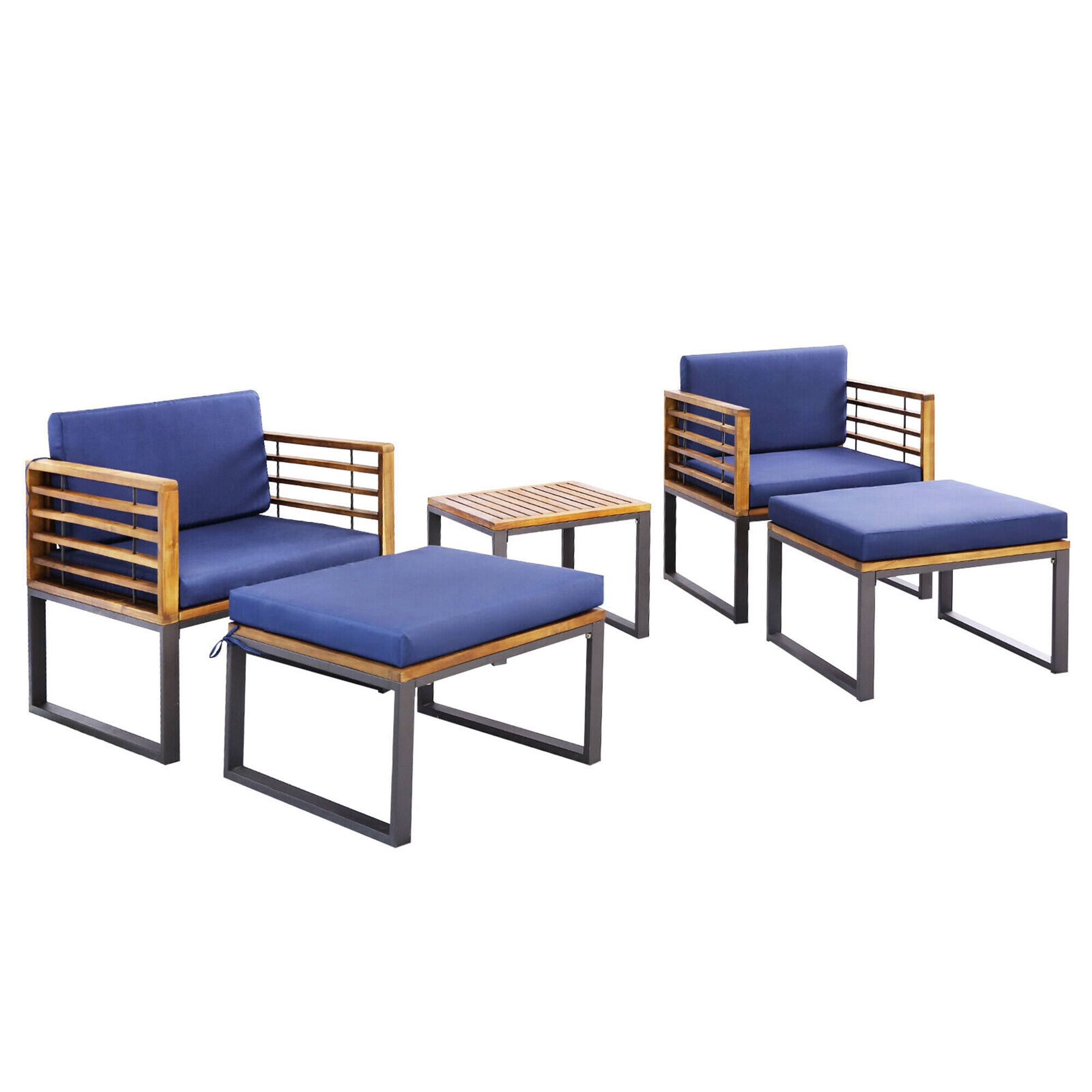 Alt View 1. Gymax - Gymax 5PCS Patio Acacia Wood Chair & Ottoman Set Outdoor Furniture Set w/ Navy Cushions - Navy.