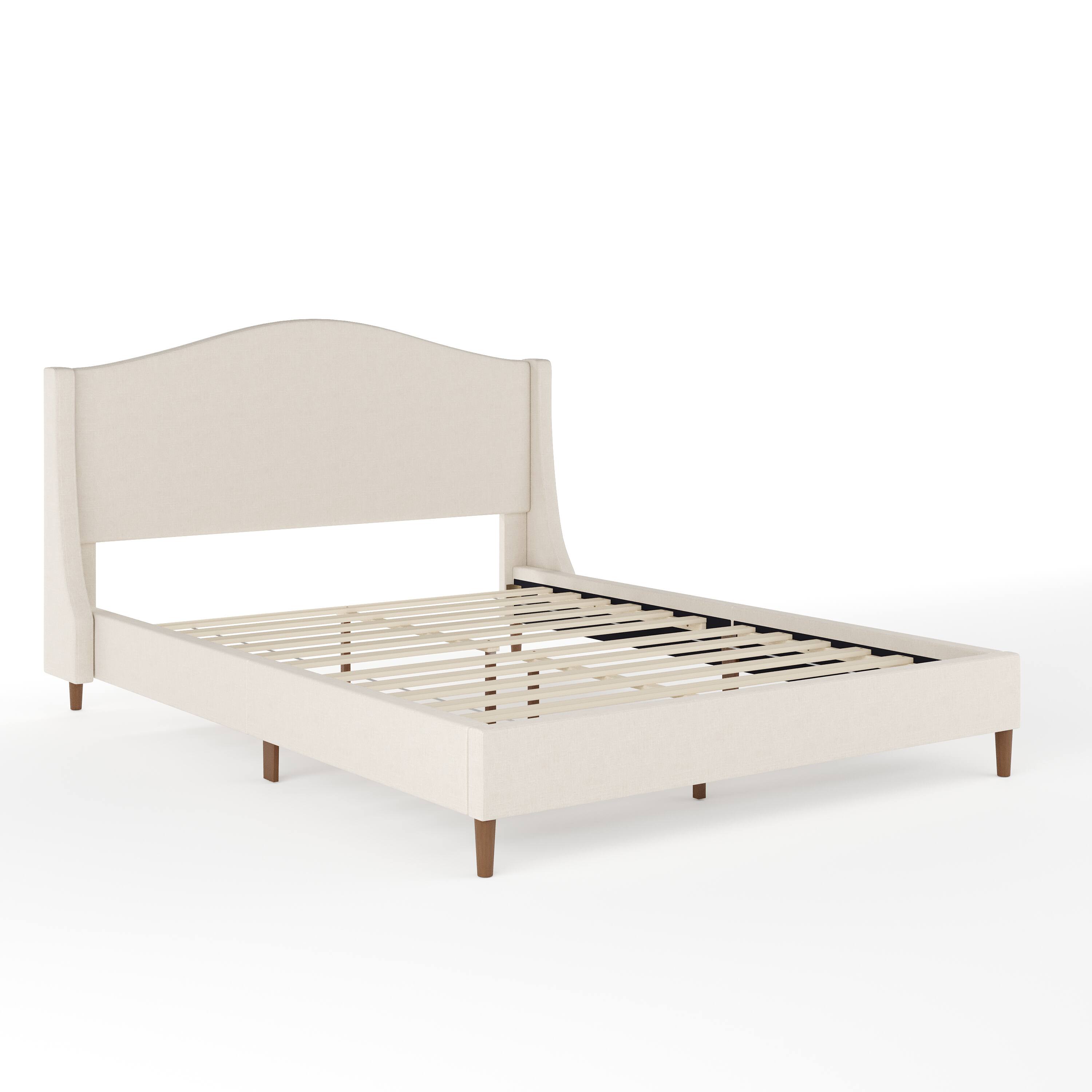 Alt View 11. Martha Stewart - Amelia Faux Linen Upholstered Queen Size Platform Bed with Curved Headboard - Beige Fabric/Walnut Legs.