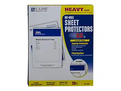 C-Line Products Inc.
Heavy Weight
No-Hole Sheet Protectors
25 Count
Crystal Clear
Superior Protection
Polypropylene
Top Loading
No-Hole Sheet Protectors
25 for $11.99
Insert Size: 8 7/8" x 11"
Crystal Clear
Heavyweight
Market Research Team
West Division