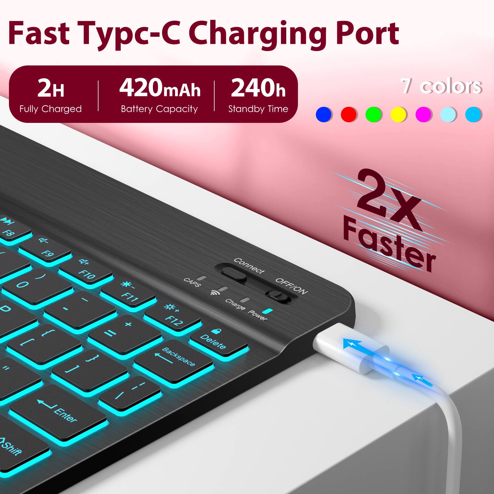 Fast Typc-C Charging Port

- 2H Fully Charged
- 420mAh Battery Capacity
- 240h Standby Time
- 7 colors

2X Faster

Connect OFF/ON Power

Charge

Enter Shift 2X Connect Faster CARS OFFION Charge F12 Power Delete Backspace