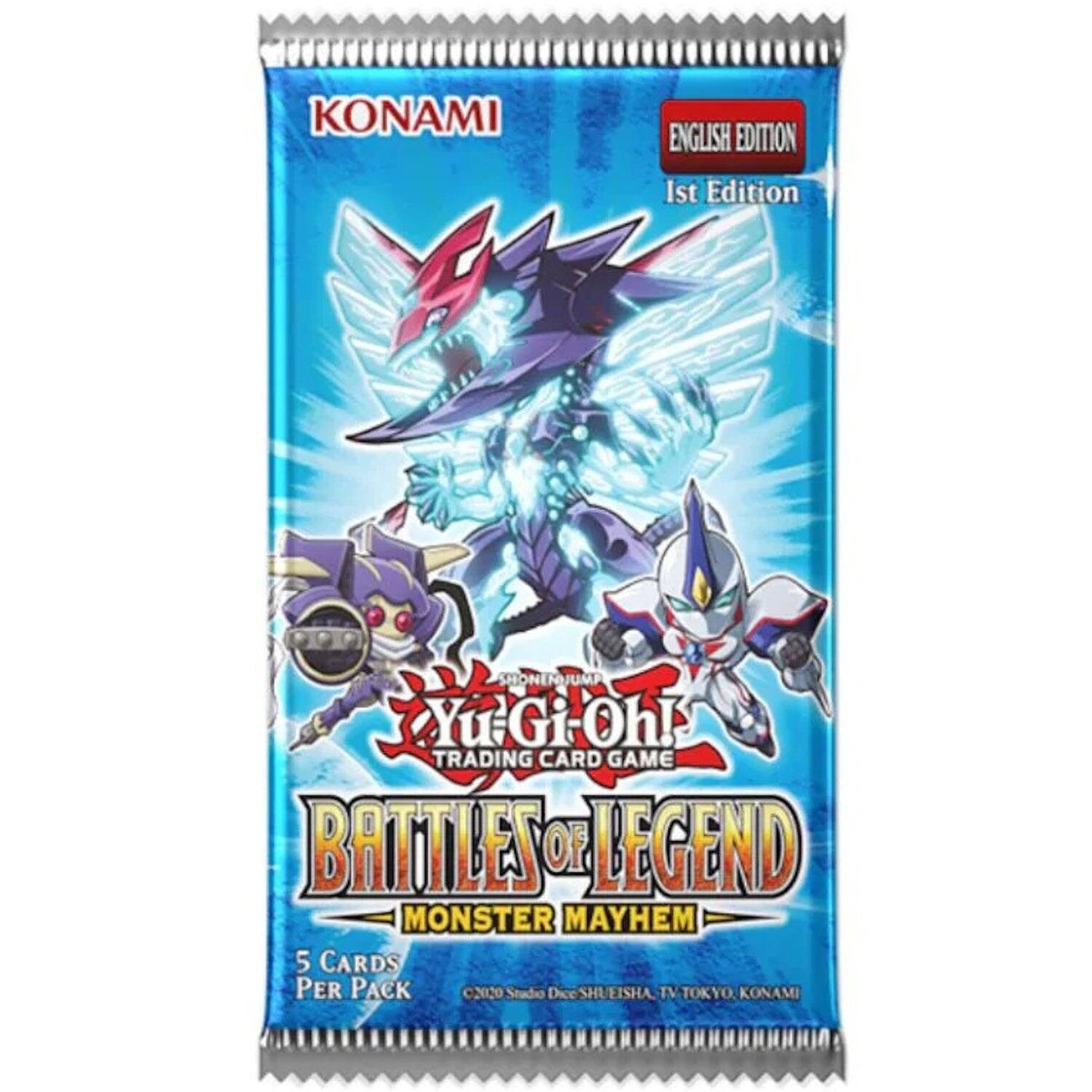 KONAMI ENGLISH EDITION 1st Edition SHONENJUMP YuGiOh! TRADING CARD GAME BATTLES OF LEGEND MONSTER MAYHEM 5 CARDS PER PACK C20C0 Studio Dice SHUEISHA TV TOKYO. KONAMI