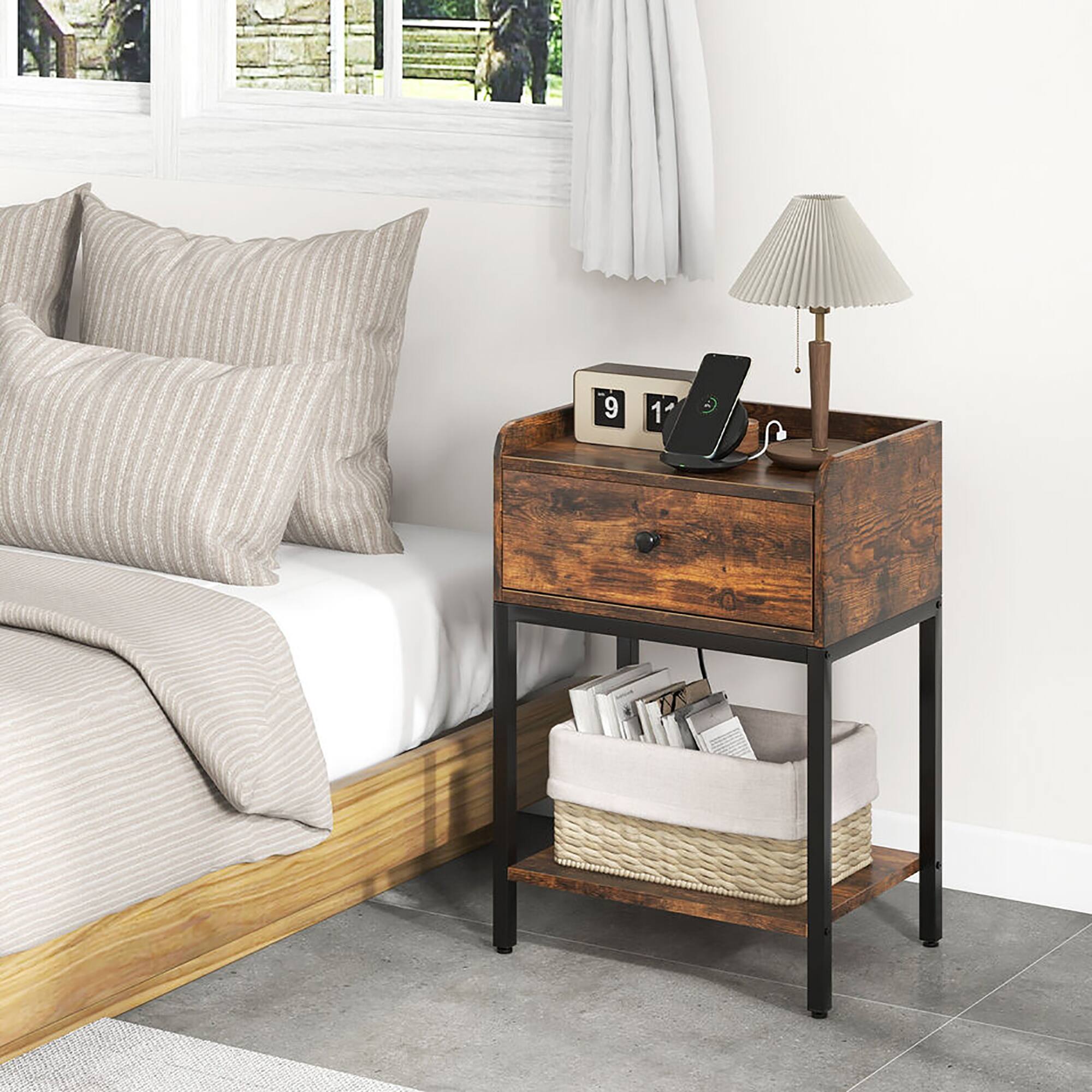 Alt View 3. Gymax - Gymax Nightstand Side End Table w/ Charging Station Drawer Open Shelf for Small Space - Rustic Brown.