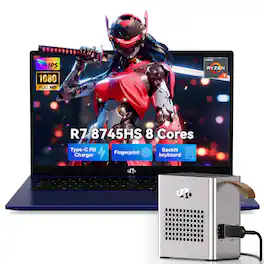 NIMO - 17.3 Gaming Laptop, 8 Core AMD Ryzen 7 8745HS 64GB RAM 2TB SSD Radeon 780M, with eGPU Dock RX 7600M XT 8GB GDDR6 - Blue