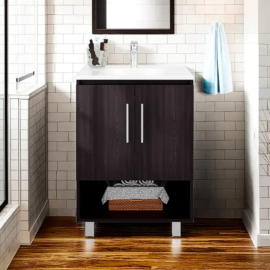 Open Restroom Ropilly Freestanding Bathroom Vanity with Resin Sink, Cabinet with Open ...