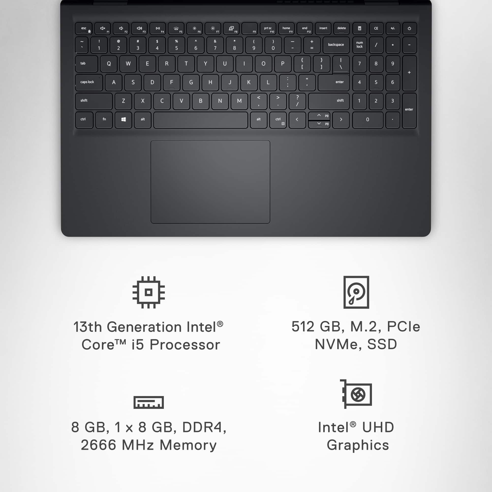 The text on the image is grouped as follows:
* 13th Generation Intel Core TM i5 Processor
* 9 512 GB, M.2, PCle NVMe, SSD
* 8 GB, 1 x 8 GB, DDR4, 2666 MHz Memory
* Intel UHD Graphics