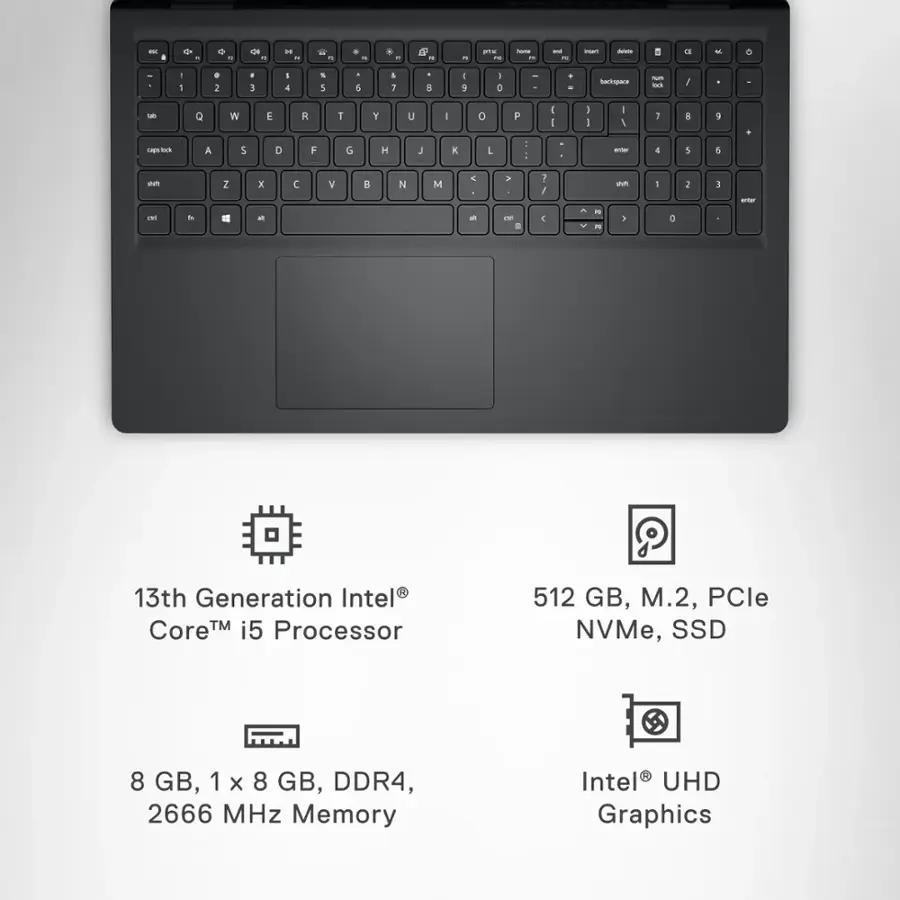 The text on the image is grouped as follows:

* 13th Generation Intel Core TM i5 Processor
* 9 512 GB, M.2, PCle NVMe, SSD
* 8 GB, 1 x 8 GB, DDR4, 2666 MHz Memory
* Intel UHD Graphics