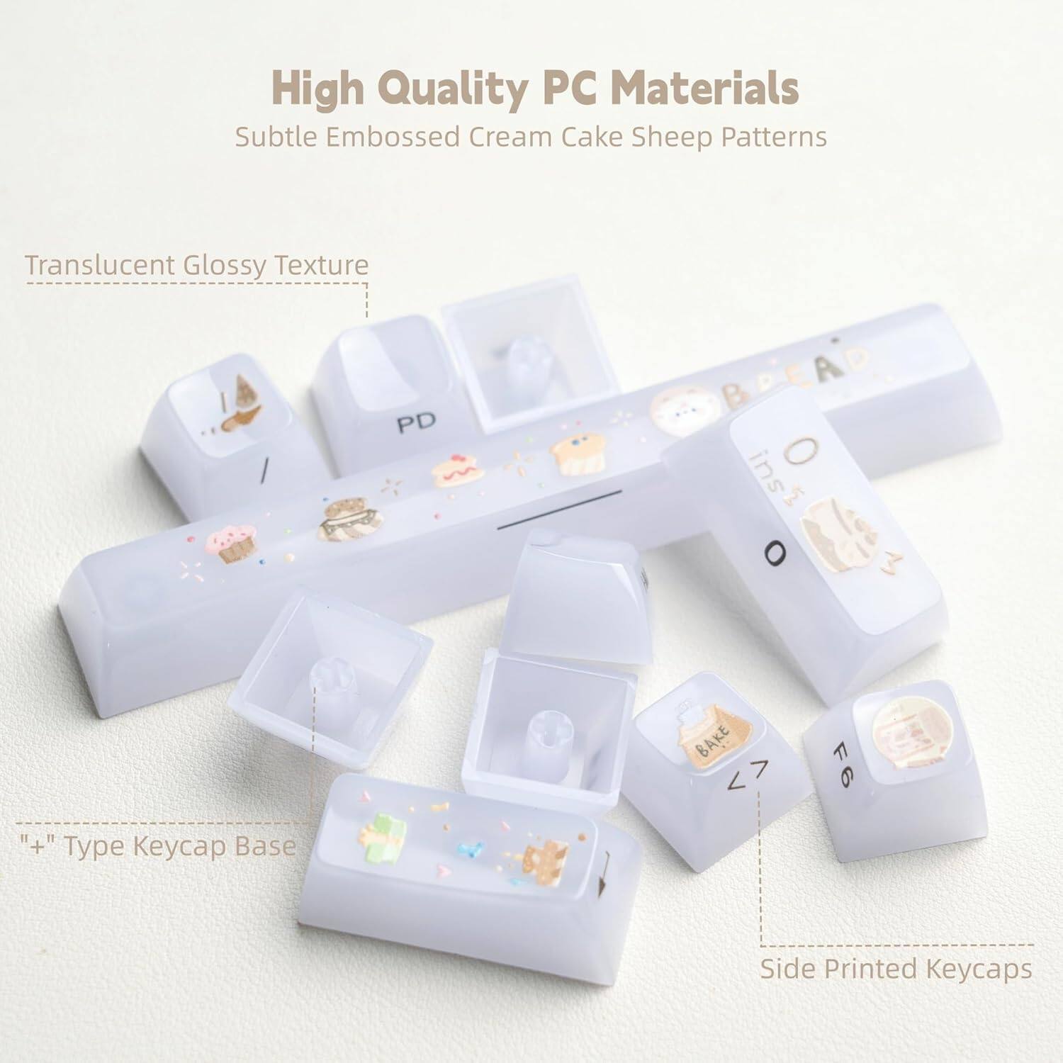 High Quality PC Materials  
Subtle Embossed Cream Cake Sheep Patterns  
Translucent Glossy Texture  
"Type" Keycap Base  
Side Printed Keycaps