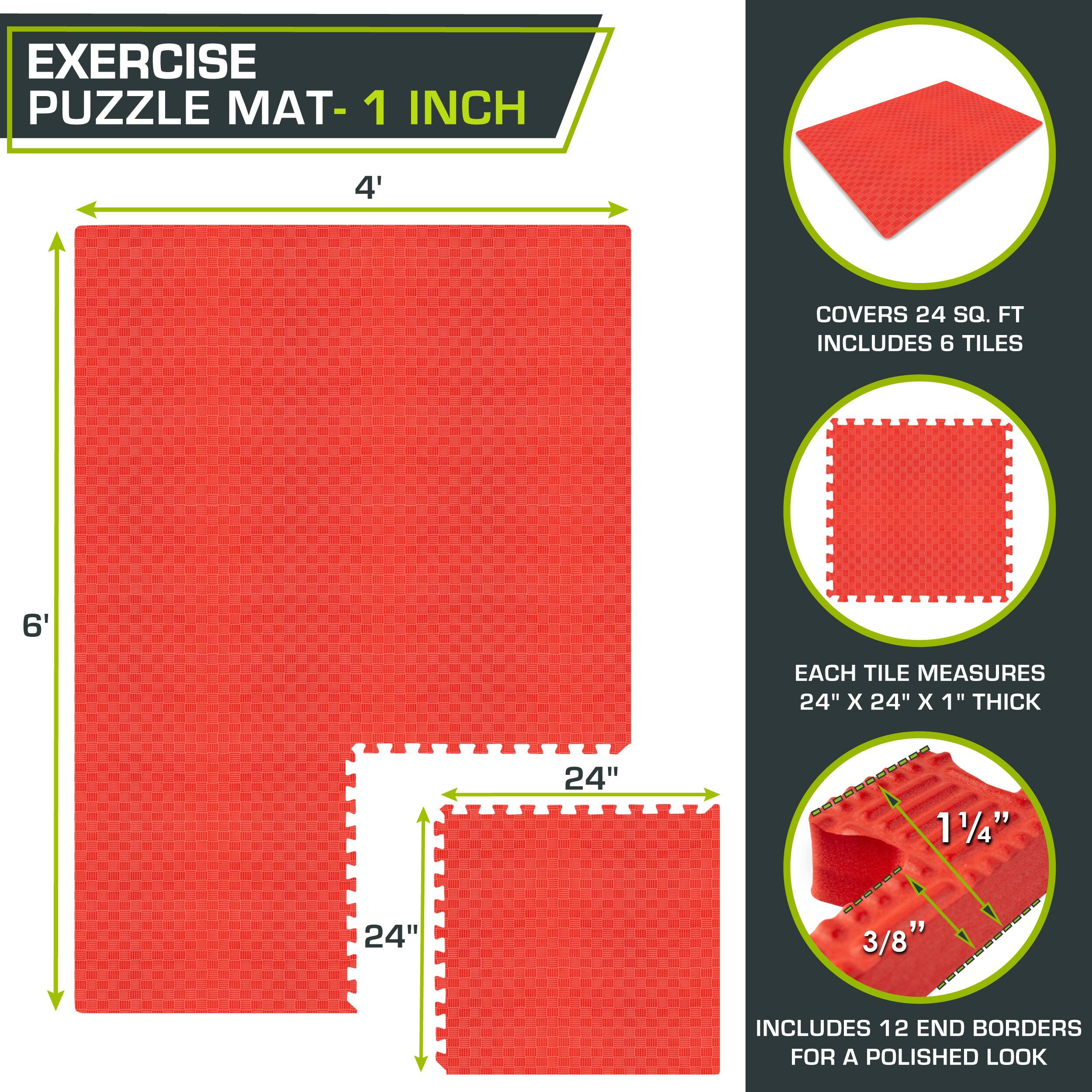 The corrected text is:

"Exercise Puzzle Mat - 1 Inch
4' x 6' Covers 24 Sq. Ft.
Includes 6 Tiles, Each Tile Measures 24" x 24" x 1" Thick
Includes 12 End Borders for a Polished Look"