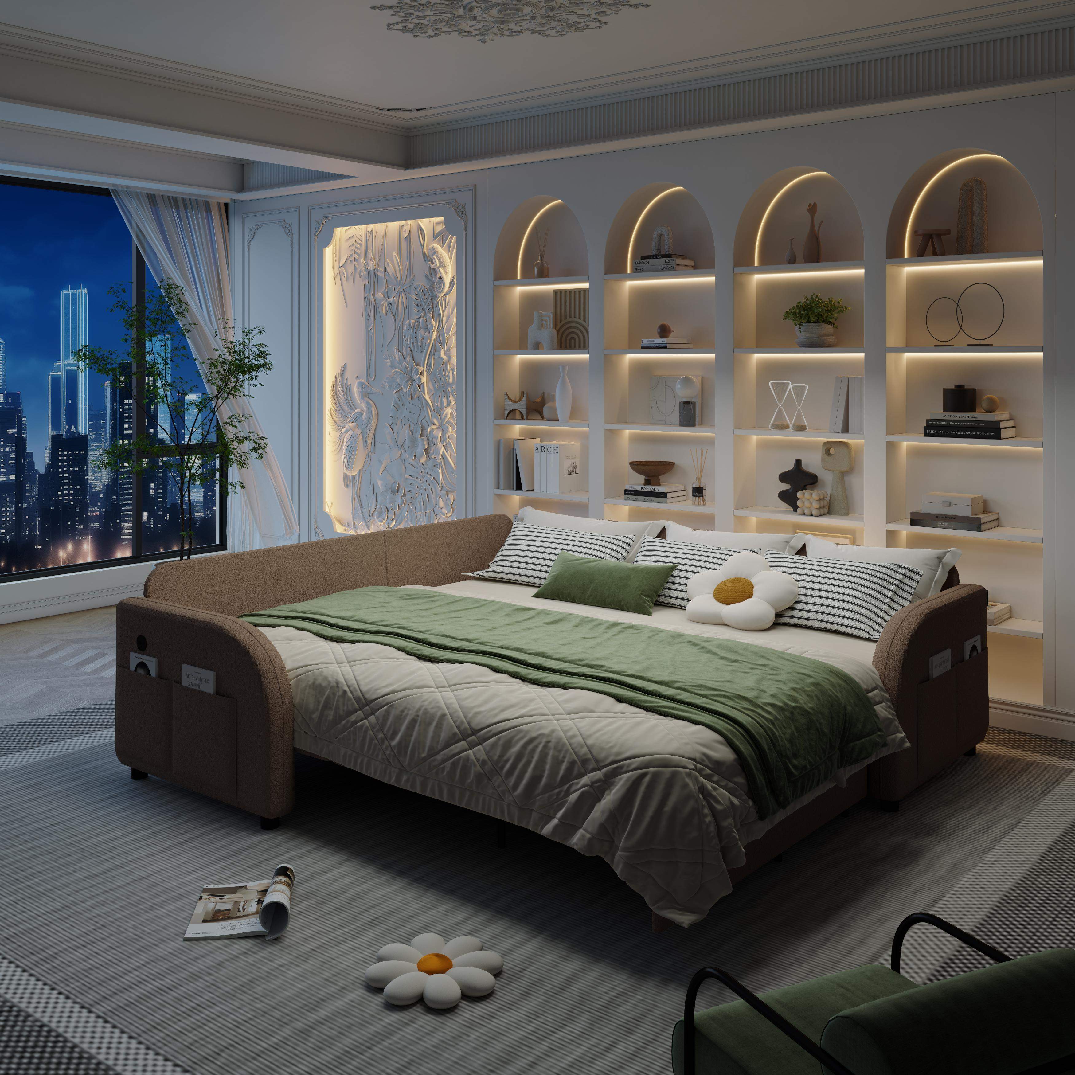 Left. LOVMOR - 85.1 inch LShaped Sofa Couch with PullOut BedOversize Convertible Sleeper Sofa with side Pocket USB PortTeddy - Brown.