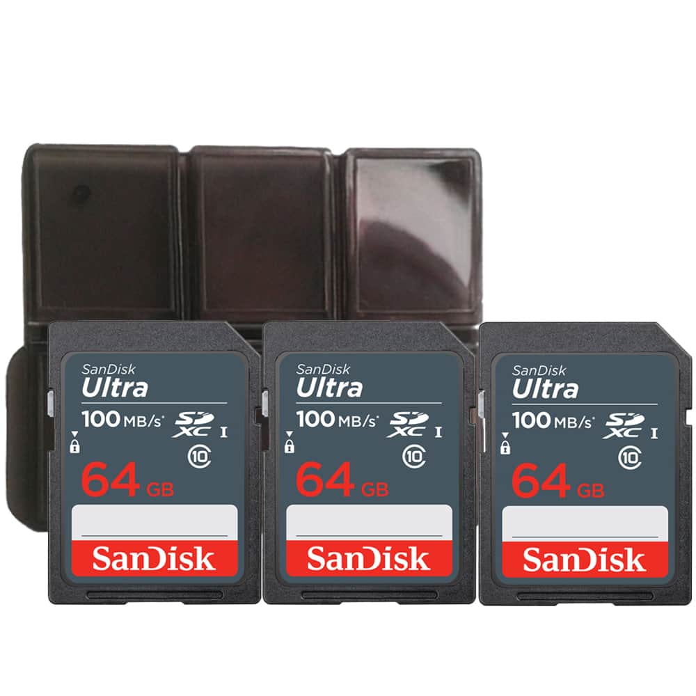 3x SanDisk 64GB Ultra SDXC UHS I Memory Card with Memory Card Holder