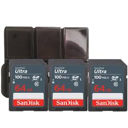 3x SanDisk 64GB Ultra SDXC UHS I Memory Card with Memory Card Holder