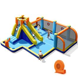 Gymax - Giant Soccer-Themed Inflatable Water Slide Bouncer Splash Pool With 680W Blower