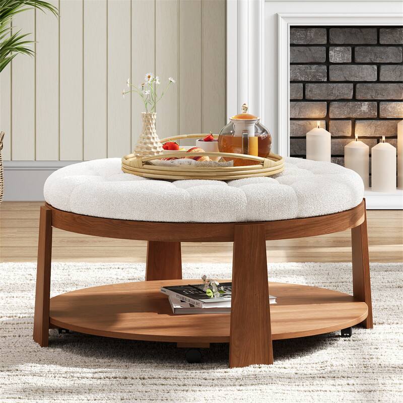 Bestier - Modern Large Round Ottoman Coffee Table 2 Tier Button Tufted Ottoman with Wood Shelf and Storage for Living Room - White