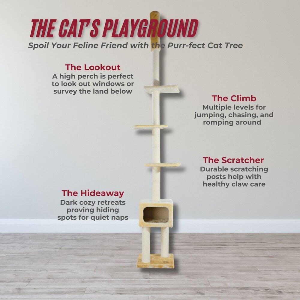 THE CAT'S PLAYGROUND  
Spoil Your Feline Friend with the Purr-fect Cat Tree  

The Lookout  
A high perch is perfect to look out windows or survey the land below  

The Climb  
Multiple levels for jumping, chasing, and romping around  

The Hideaway  
Dark cozy retreats proving hiding spots for quiet naps  

The Scratcher  
Durable scratching posts help with healthy claw care
