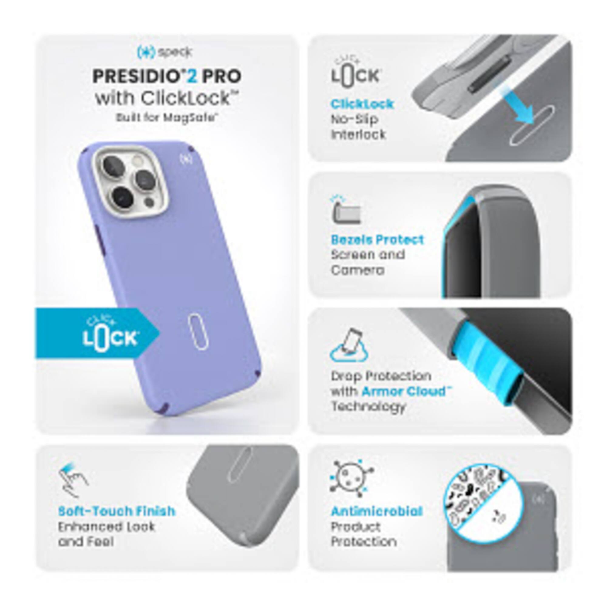 The text on the image is grouped as follows:

1. "Presidio 2 Pro with ClickLock"
2. "Tuil for Magsale CUES"
3. "No-Sip Interlock Bezels Protect Screen and Camera"
4. "Drop Protection with Armor Cloud"
5. "Enhanced look and feel with Antimicrobial Product Protection"

The text is corrected to read:

1. "Presidio 2 Pro with ClickLock"
2. "Tuil for Magsale CUES"
3. "No-Sip Interlock Bezels Protect Screen and Camera"
4. "Drop Protection with Armor Cloud"
5. "Enhanced look and feel with Antimicrobial Product Protection"