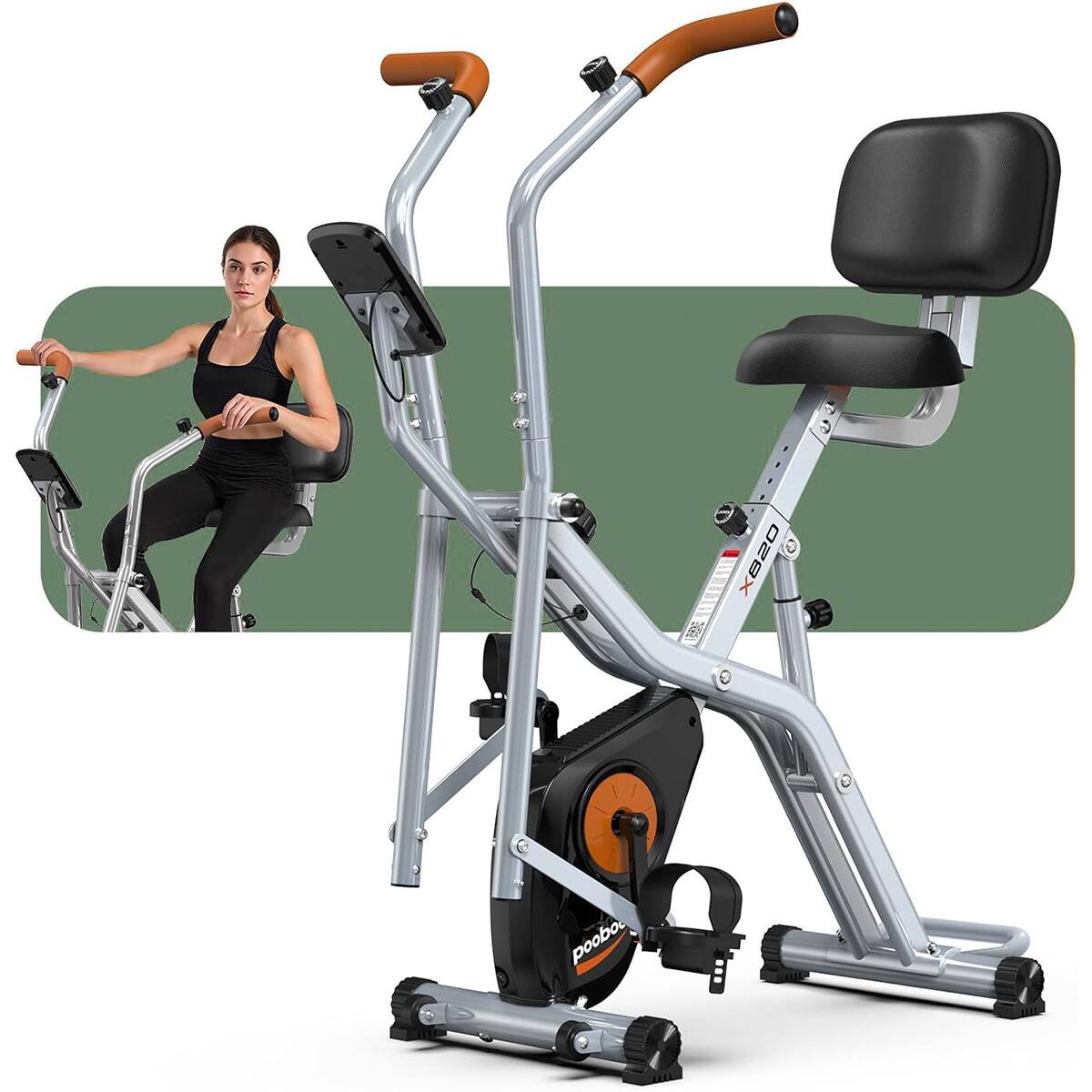 Pooboo - Foldable Exercise Stationary Bike with Elliptical Mode, 8-Level Magnetic Resistance, Adjustable Seat&Handrail - Silver
