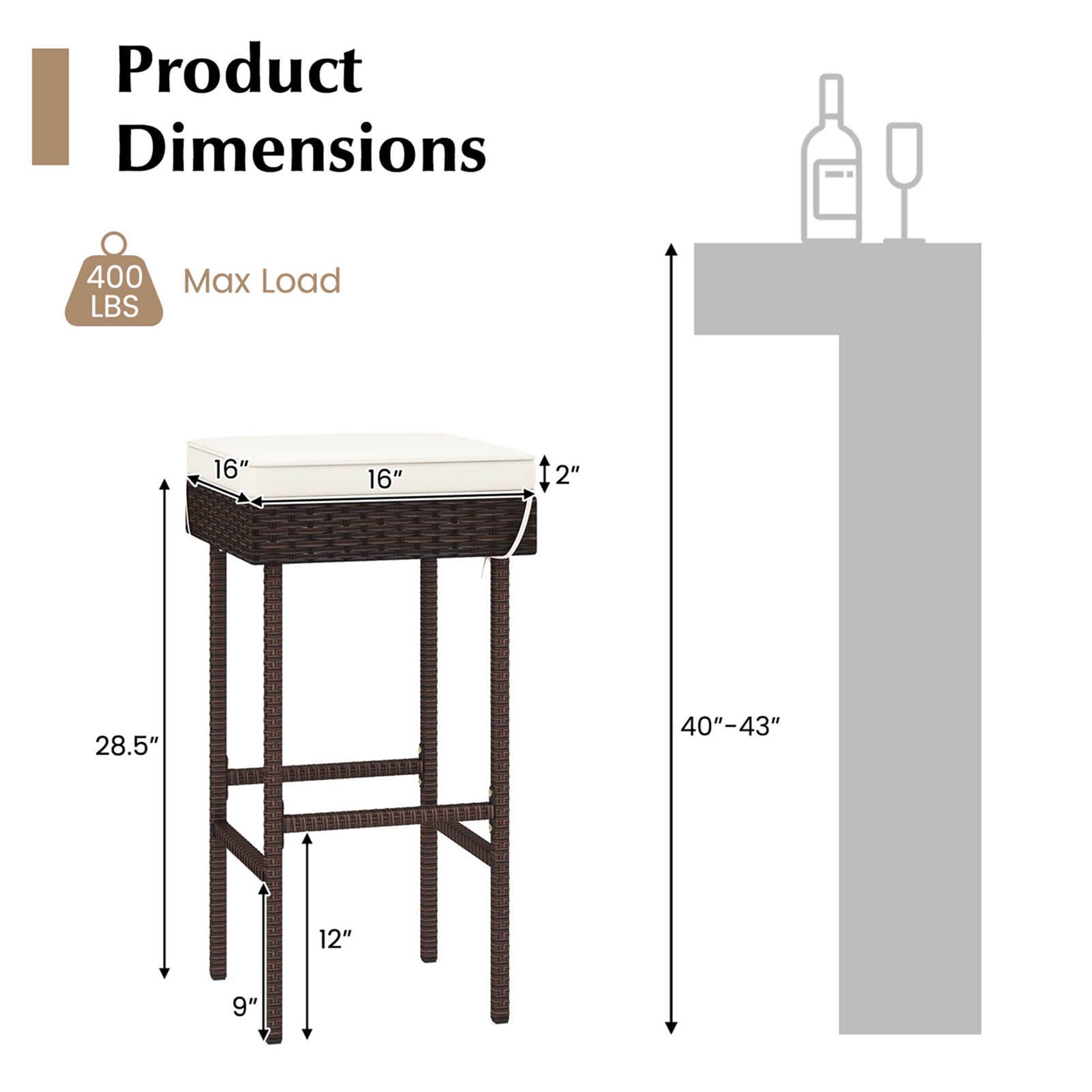 Product Dimensions: 400 LBS Max Load, 16" x 16" x 2", 28.5" height, 40"-43" length, 12" width, 9" depth.