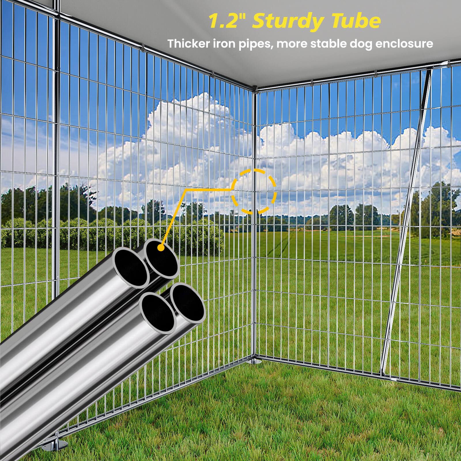 1.2" Sturdy Tube  
Thicker iron pipes, more stable dog enclosure