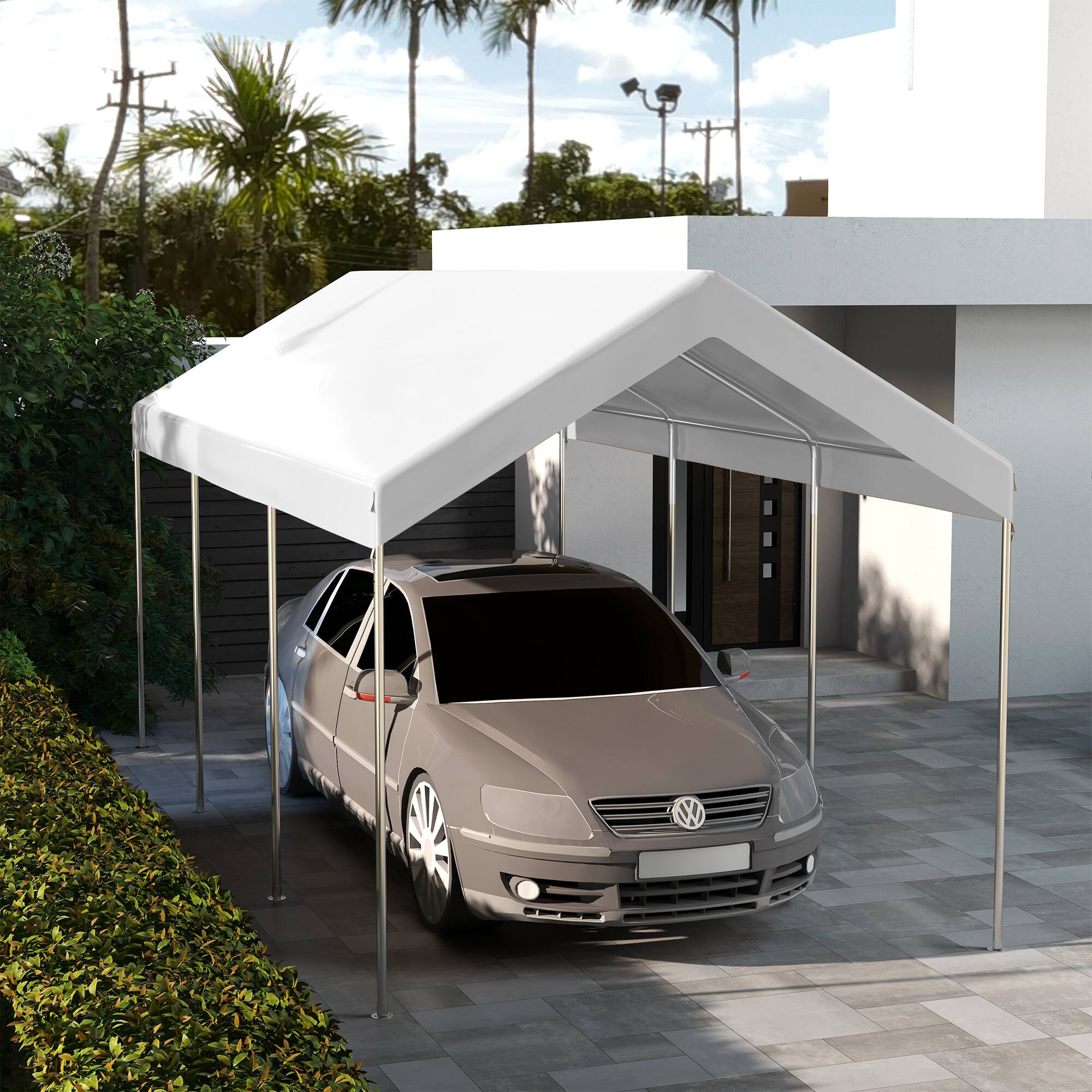 Angle. Outsunny - 19.7' x 9.7' Carport Replacement Top Canopy Cover for Model 84C-207WT or 84C-386V00WT, Waterproof - White.