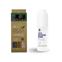 Pursonic - Elevate Your Smile: Natural Cedarwood Toothbrushes (6-Pack) & V34 Whitening Serum Bundle
