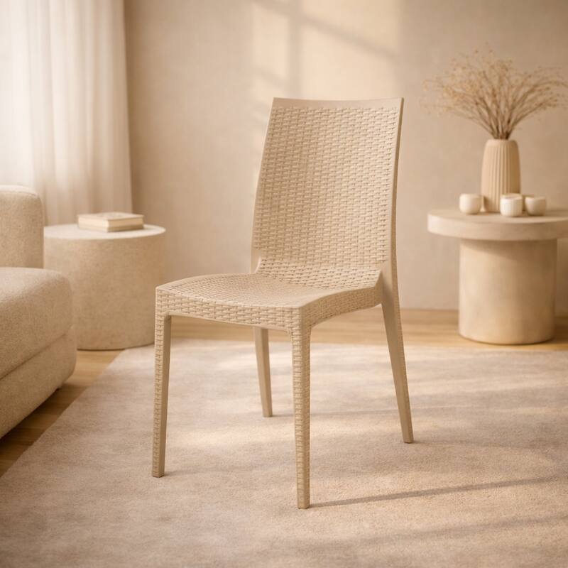 Angle. LeisureMod - Mace Stackable Outdoor Dining Chair - Weather-Resistant Wicker Weave - Taupe.