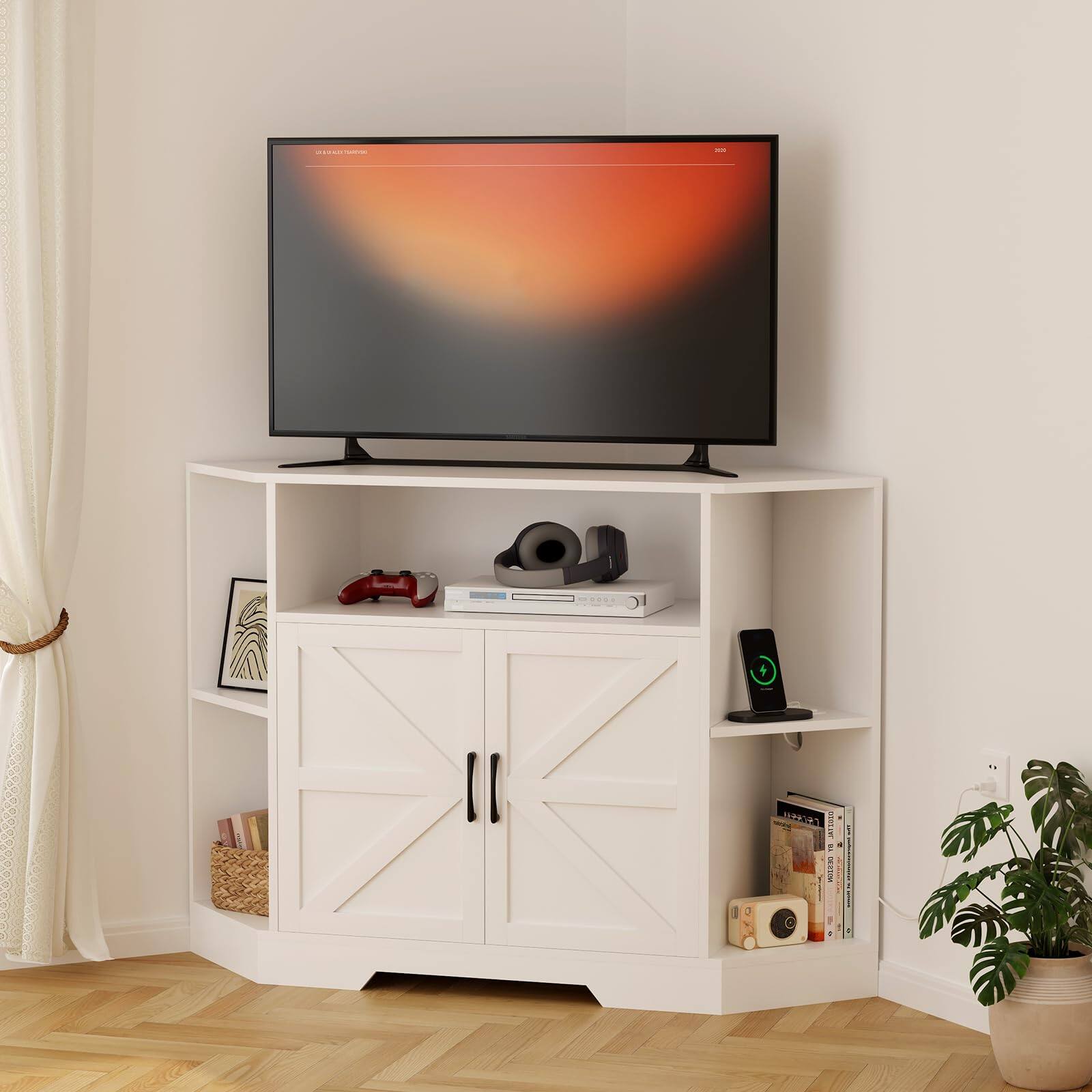 Alt View 3. Acekool - Corner Tv Stand for Tvs Up to 55 Inch with Power Outlet, Modern Farmhouse Entertainment Center - White.