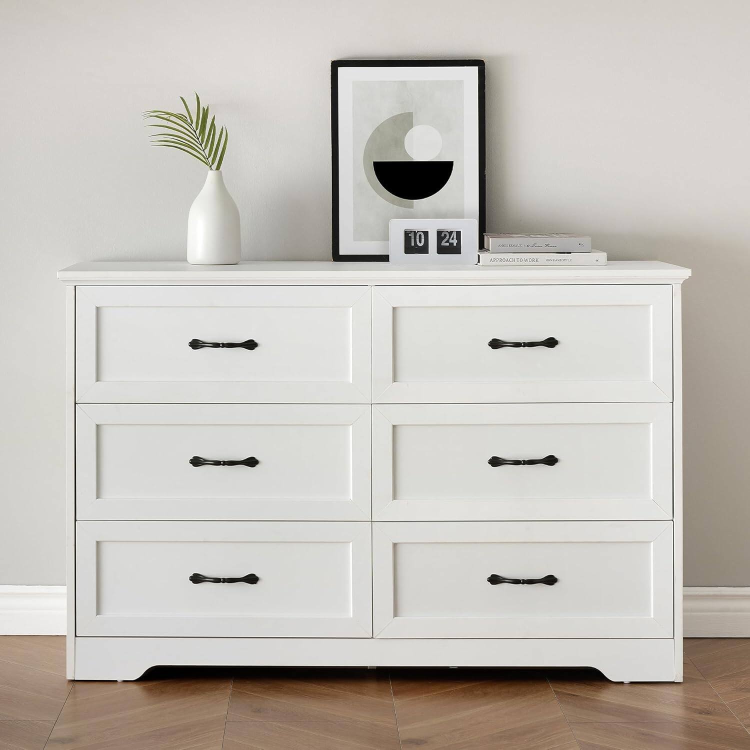 Front. Homhougo - Modern 6 Drawers Dresser, Chest of Drawers Closet Organizers and Storage Clothes, Modern Dressers for Closet Living - White 6 Drawers.