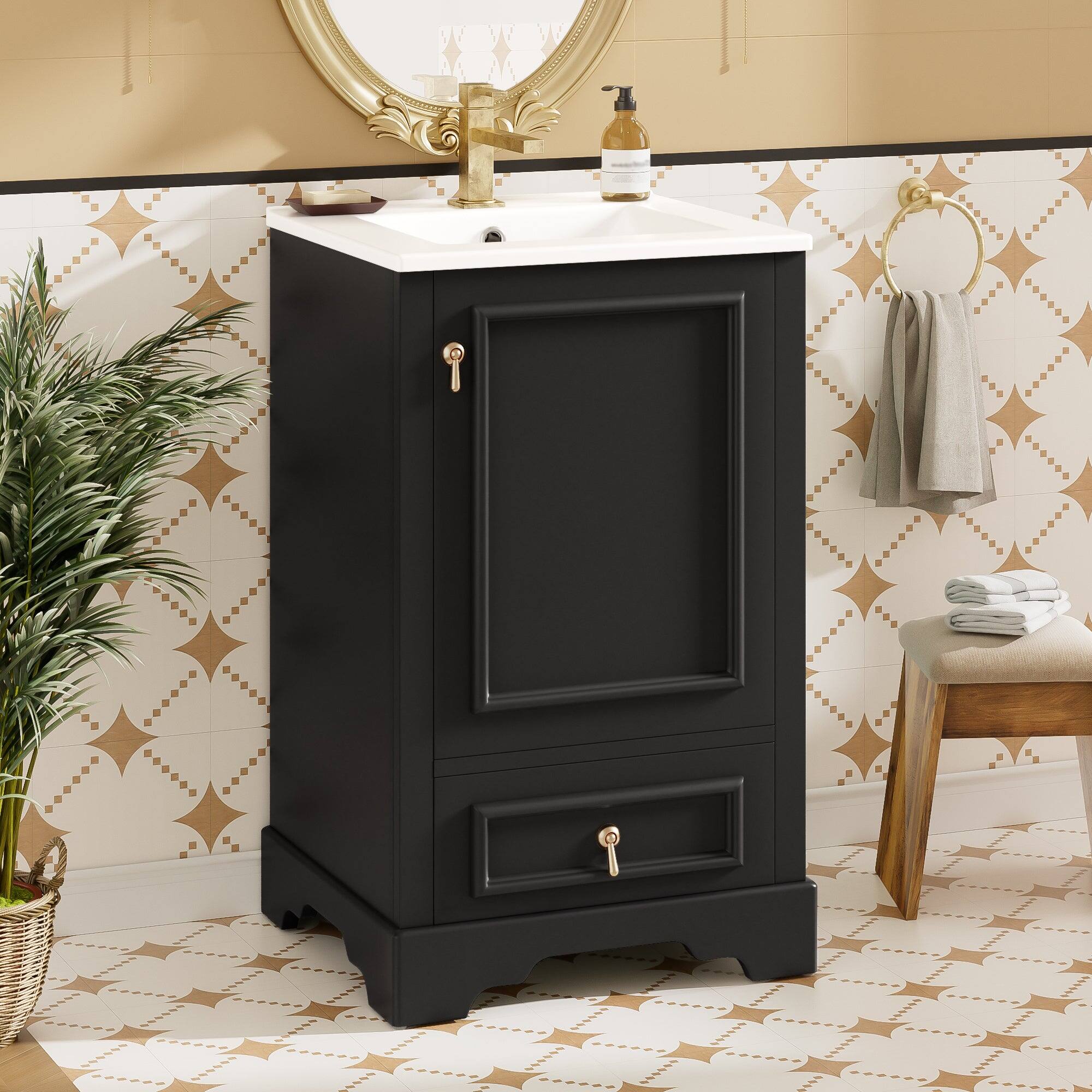 Alt View 4. Boyel Living - 20 Inch Black Bathroom Vanity with Ceramic Sink Soft Close Door Drawer Adjustable U-Shaped Shelf Door Storage Rack - Black.
