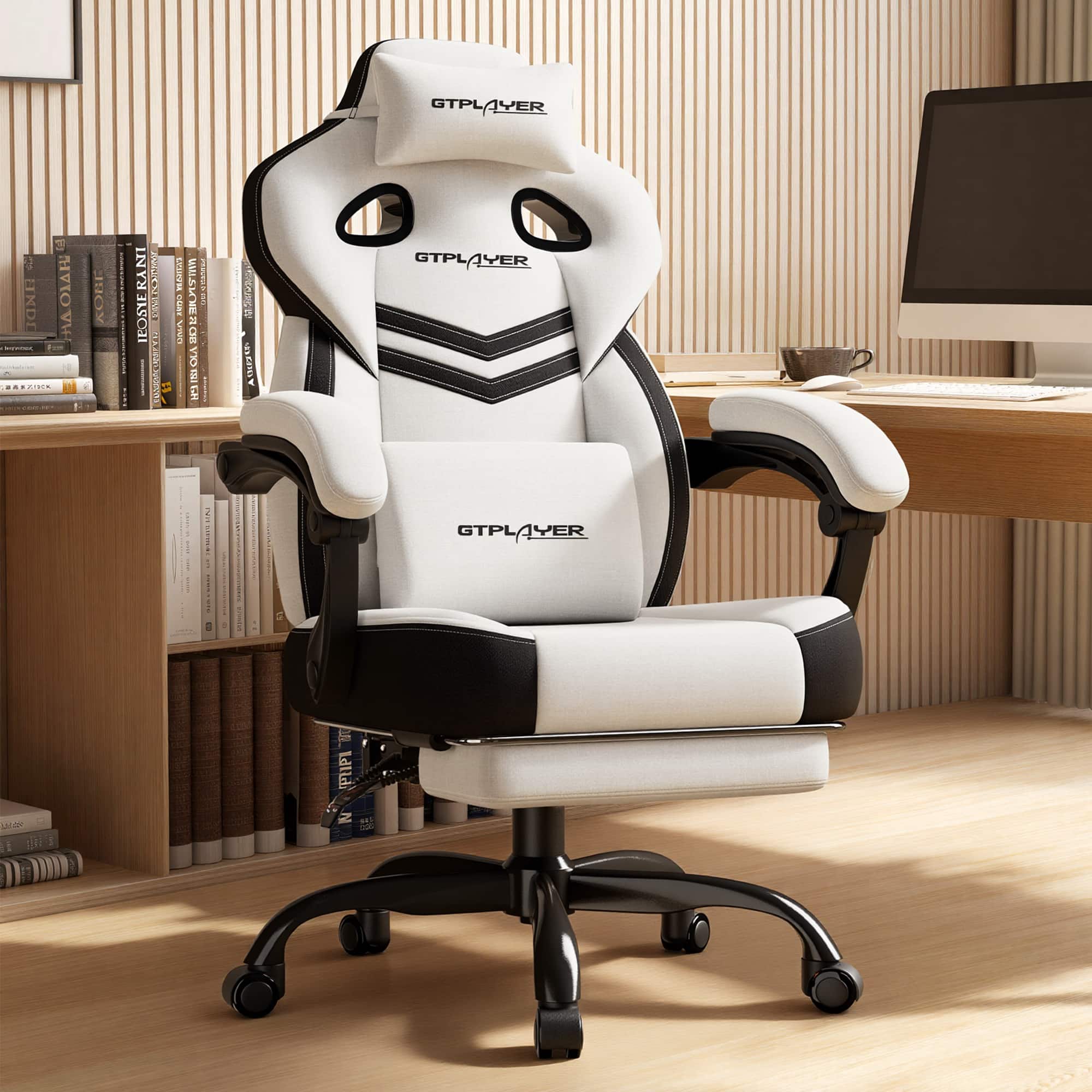 GTPlayer - Gaming Chair 360°-Swivel Big & Tall Computer Chair with Footrest and Lumbar Support for Office or Gaming - White