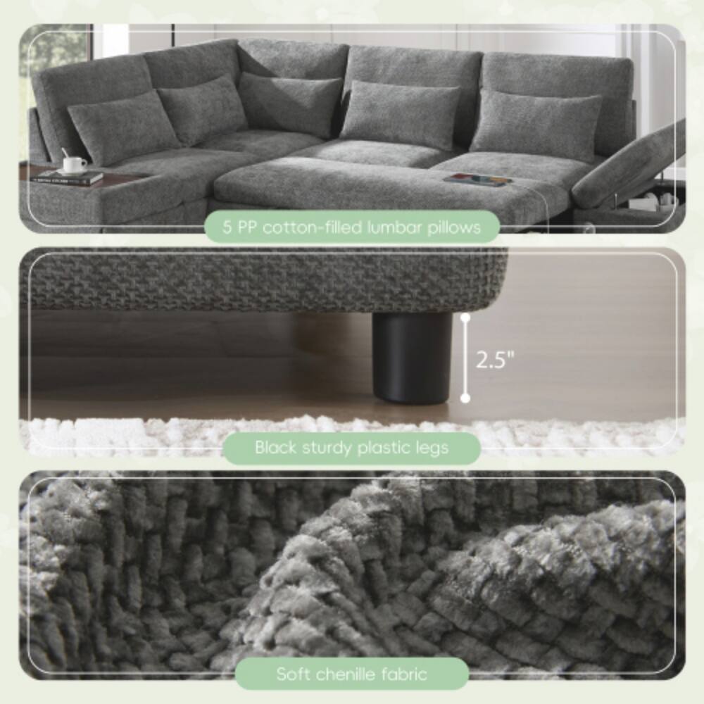 5 PP cotton-filled lumbar pillows  
2.5"  
Black sturdy plastic legs  
Soft chenille fabric