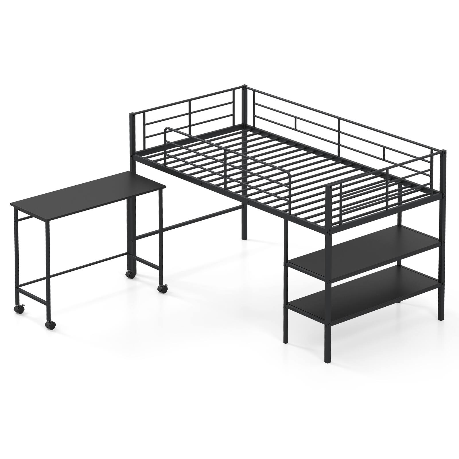 Alt View 9. Gymax - Gymax Twin Size Loft Bed w/Rolling Desk & Bookshelf Metal Slats for Bedroom Dormitory Black - Black.