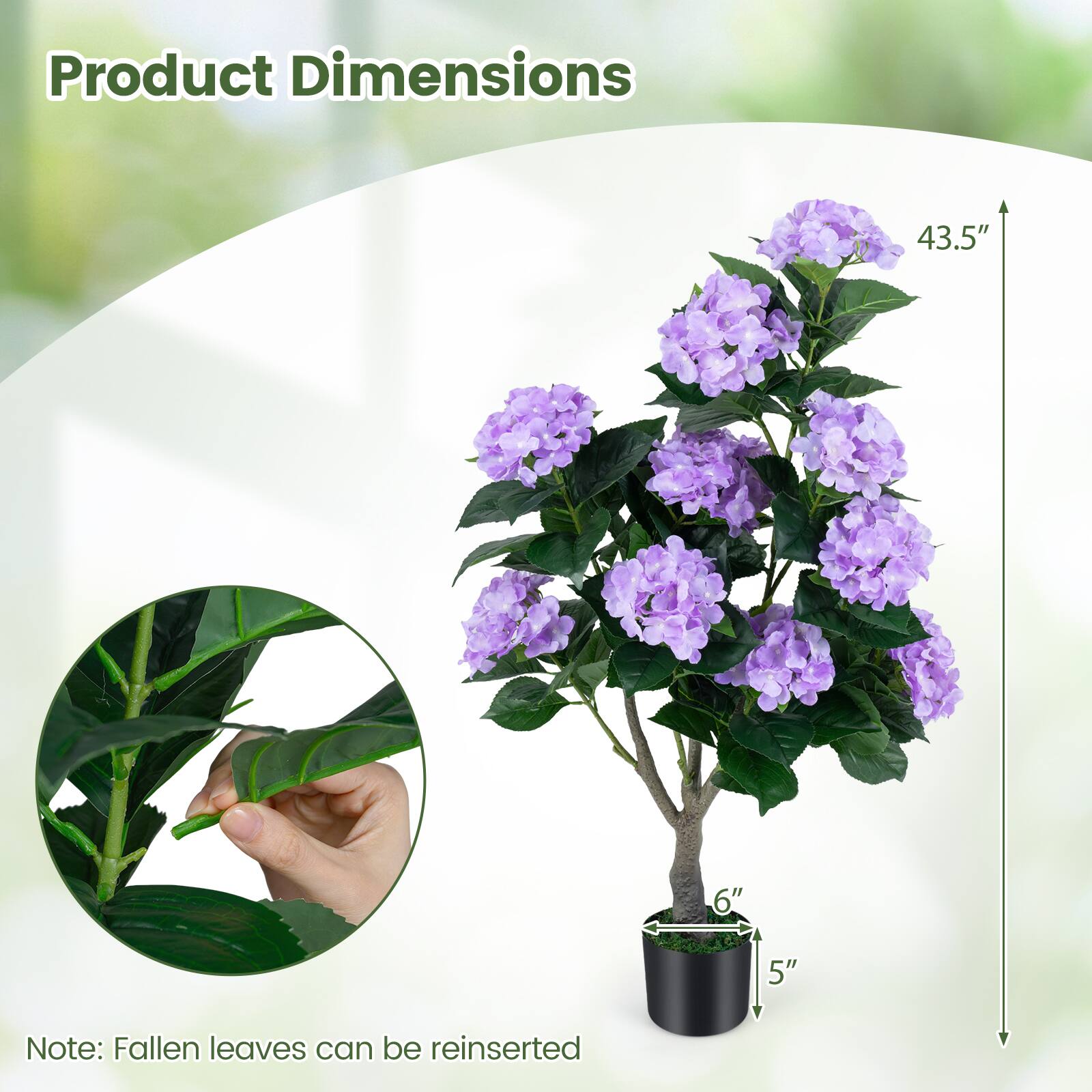 Product Dimensions: 43.5" x 6" x 5"  
Note: Fallen leaves can be reinserted