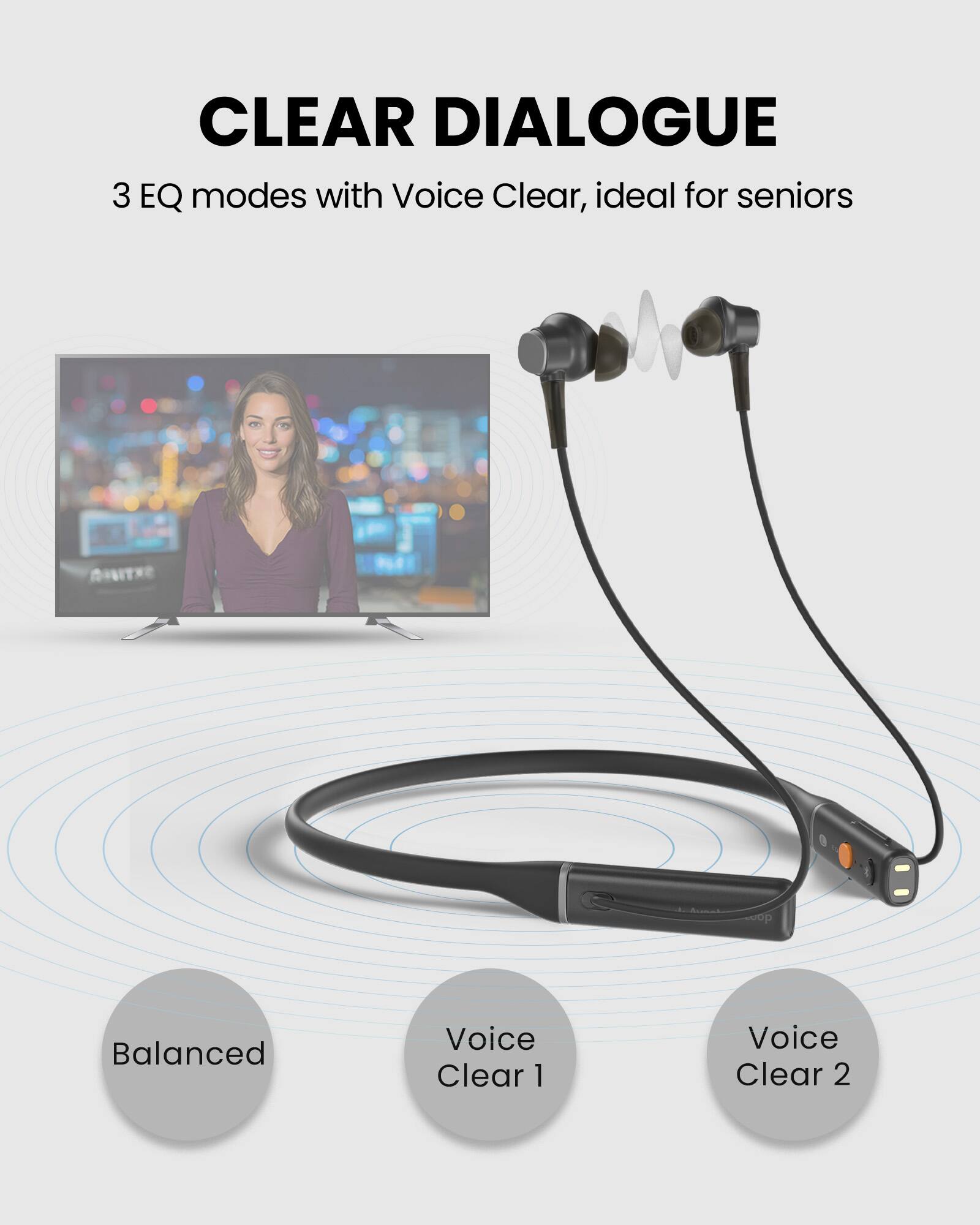 CLEAR DIALOGUE  
3 EQ modes with Voice Clear, ideal for seniors  

Balanced  
Voice Clear 1  
Voice Clear 2
