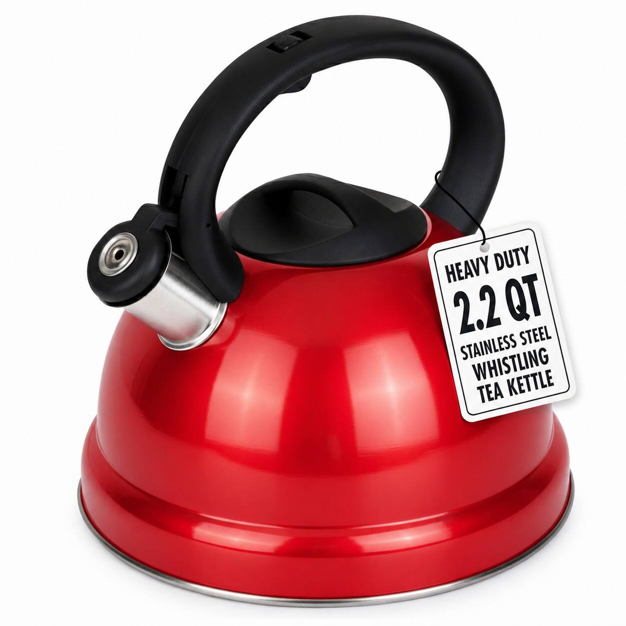 Luminuxe - Whistling Tea Kettle, 2.2qt Stainless Steel Stove Top Kettle with Cool-Touch Handle, Fast Boil - Red