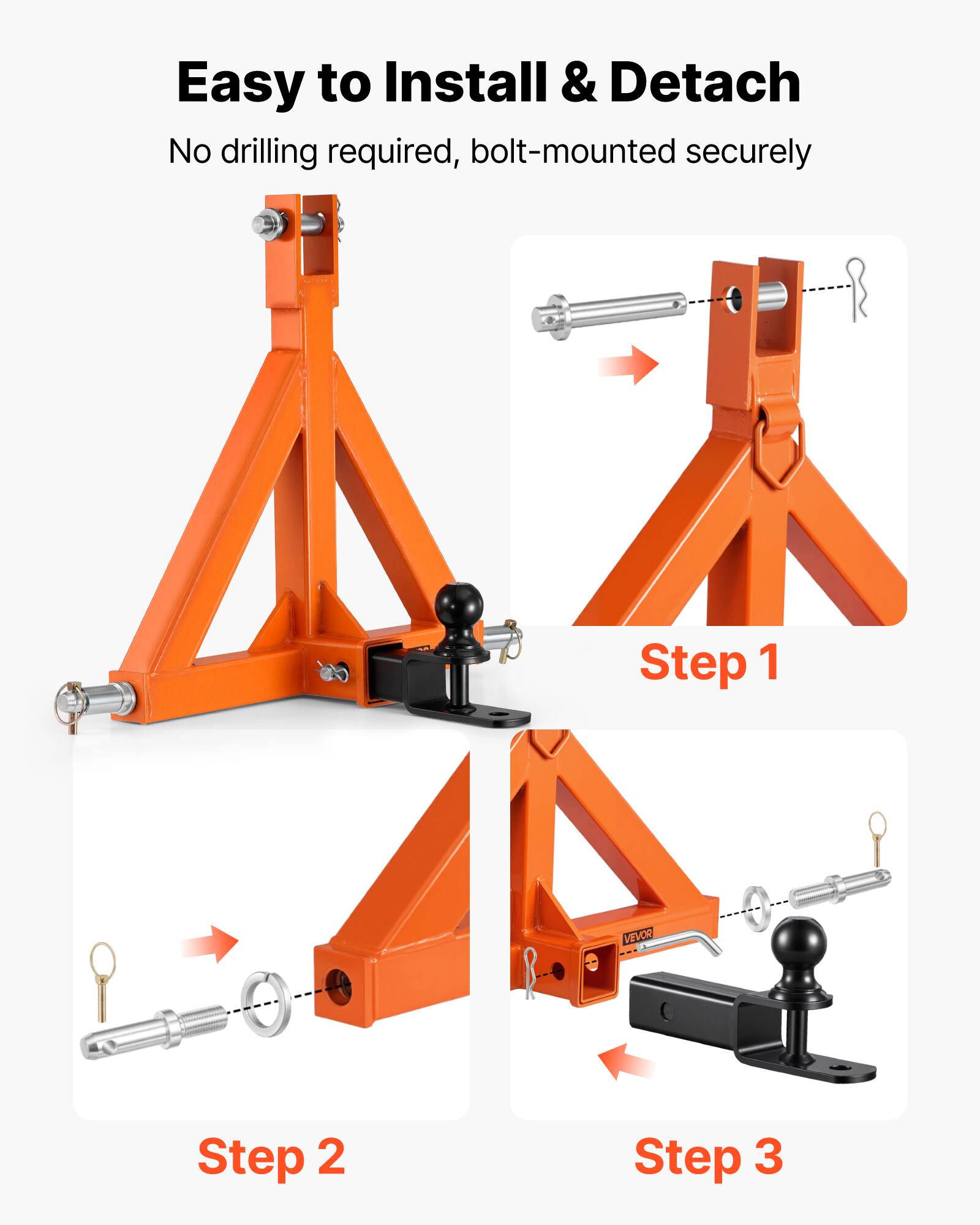 Easy to Install & Detach  
No drilling required, bolt-mounted securely  

Step 1  
Step 2  
Step 3