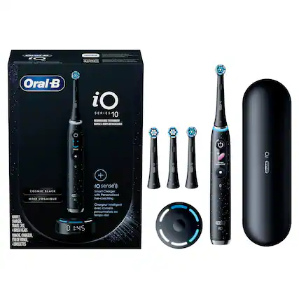 Oral-B iO Series 10 Rechargeable Toothbrush
COSMIC BLACK / NOIR COSMIQUE
- Handle, Charger, Travel Case, 4 Brush Heads
- Manche, Chargeur, Étui de Voyage, 4 Brossettes
iO sense) Smart Charger with Personalized Live-Coaching
Chargeur intelligent avec conseils personnalisés en temps réel