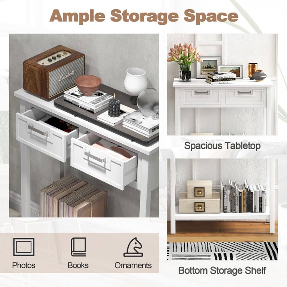 Ample Storage Space  
- Spacious Tabletop  
- Bottom Storage Shelf  

Photos  
Books  
Ornaments