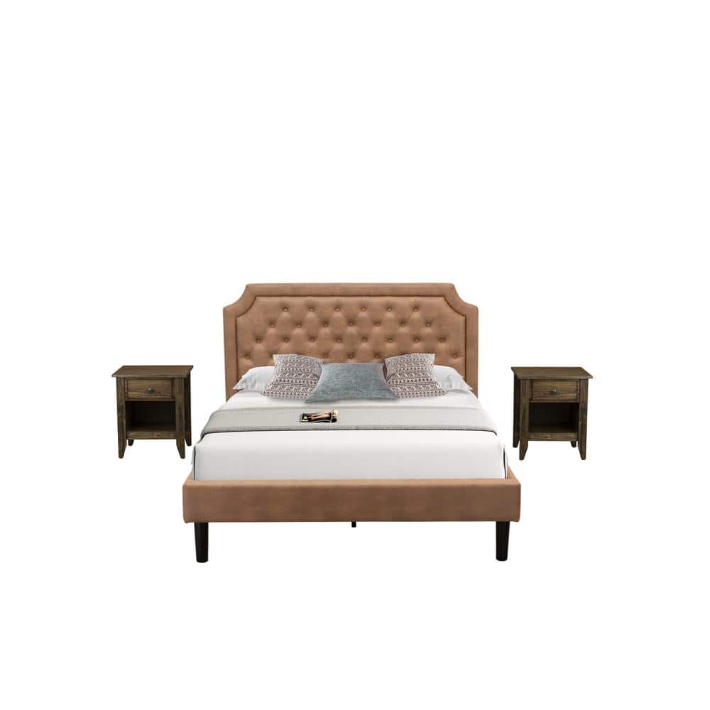 East West Furniture - GB28Q-2GA07 3-Piece Bedroom Set with a Queen Size Bed and 2 Distressed Jacobean End Tables - Faux Leather and - Brown price history on PriceWatchPro